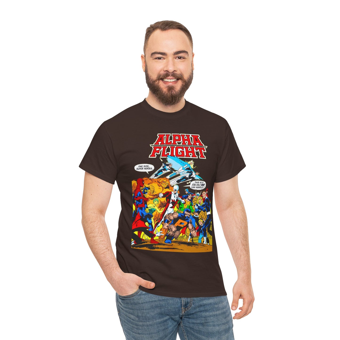 Alpha Flight T-Shirt - John Byrne Art - Sasquatch, Aurora, Northstar, Guardian, Puck, Shaman, Snowbird - Canada's Super Team - Marvel Comics