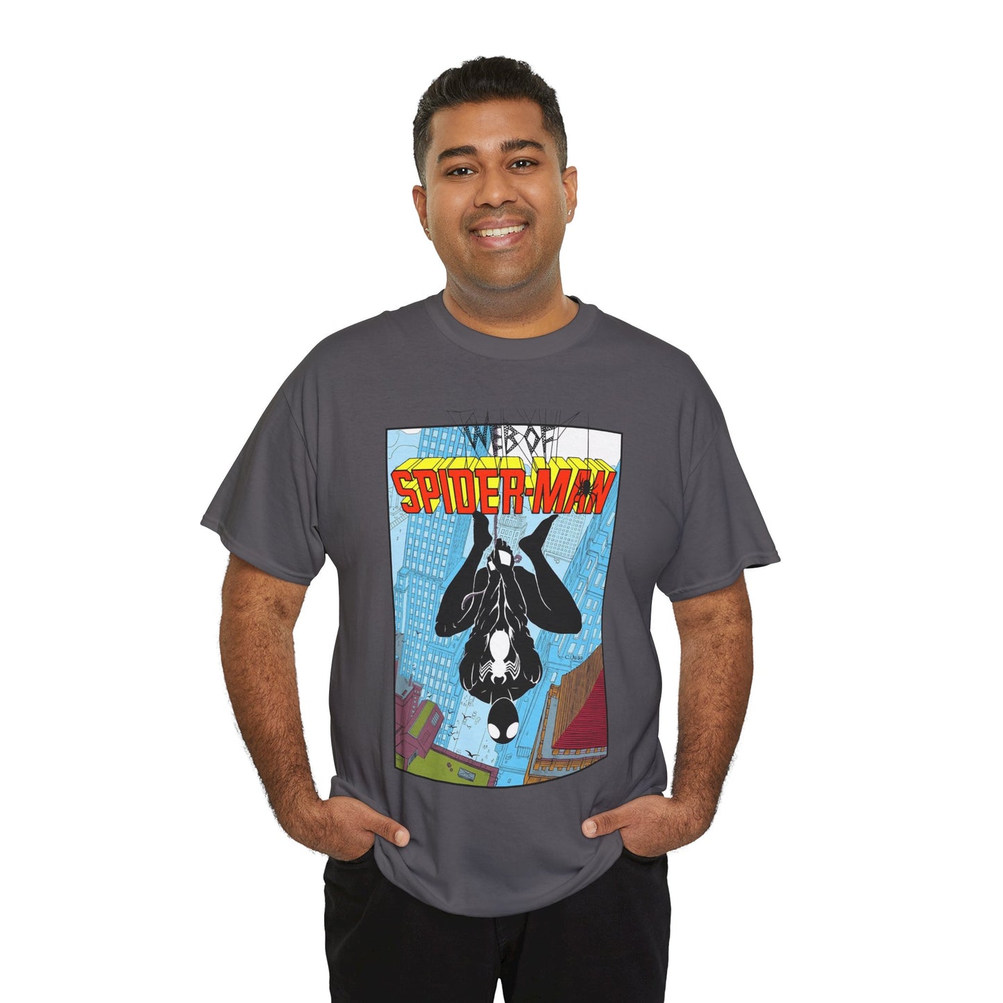 Web of Spider-Man T-Shirt - Charles Vess Art - Peter Parker, Web Slinger - Manhattan Skyline - Spidey Black Suit - Marvel Comics