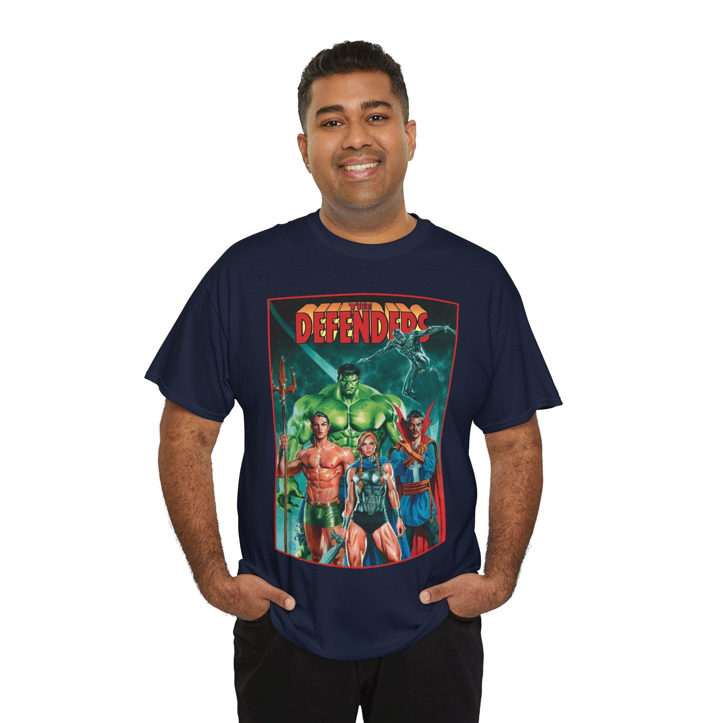 Defenders T-Shirt - Dr Strange, Valkyrie, Hulk, Namor, Silver Surfer - Marvel Comics - Popular 1970s Series