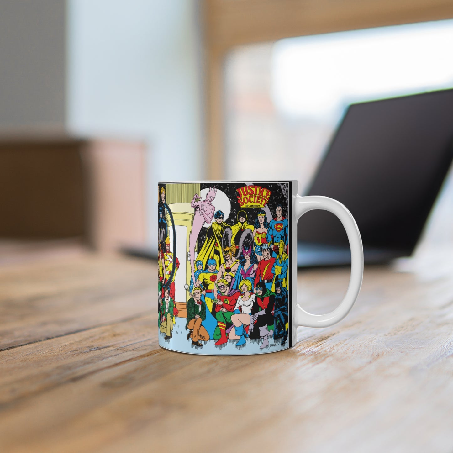 Justice League & Justice Society Coffee Mug, 11oz - Retro George Perez Art - Superman, Dr Fate, Hourman, Firestorm, Aquaman, Green Lantern
