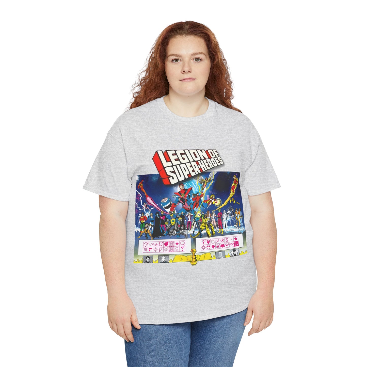 Legion of Super-Heroes T-Shirt - Gorgeous George Perez Art - History of the DC Universe - Lightning Lad, Timber Wolf, Wildfire, Sun Boy, Chamelon Boy - DC Comics