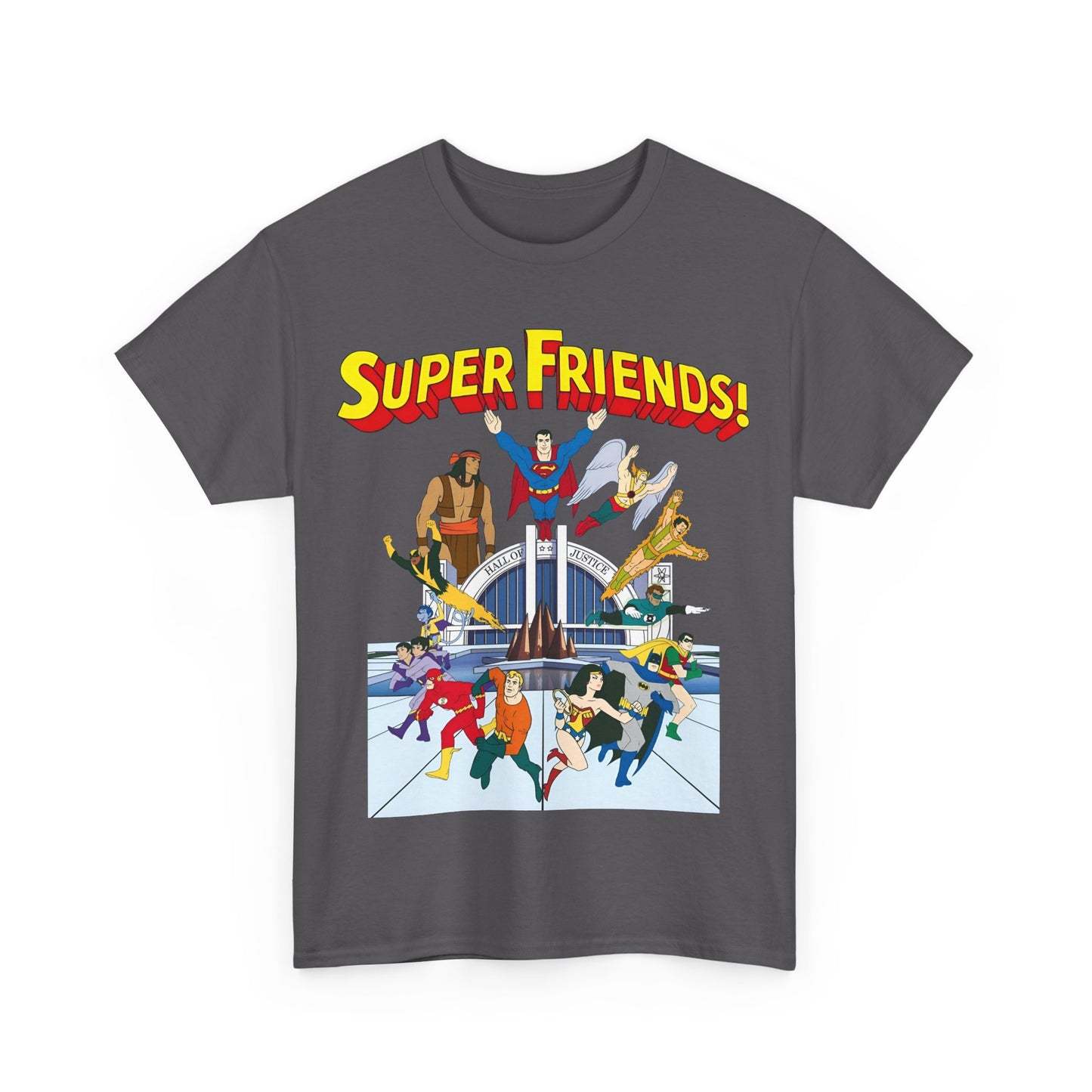 Super Friends T-Shirt - DC Hanna-Barbera - Superman, Wonder Woman, Black Vulcan, Batman, The Wonder Twins, Apache Chief, Hall of Justice
