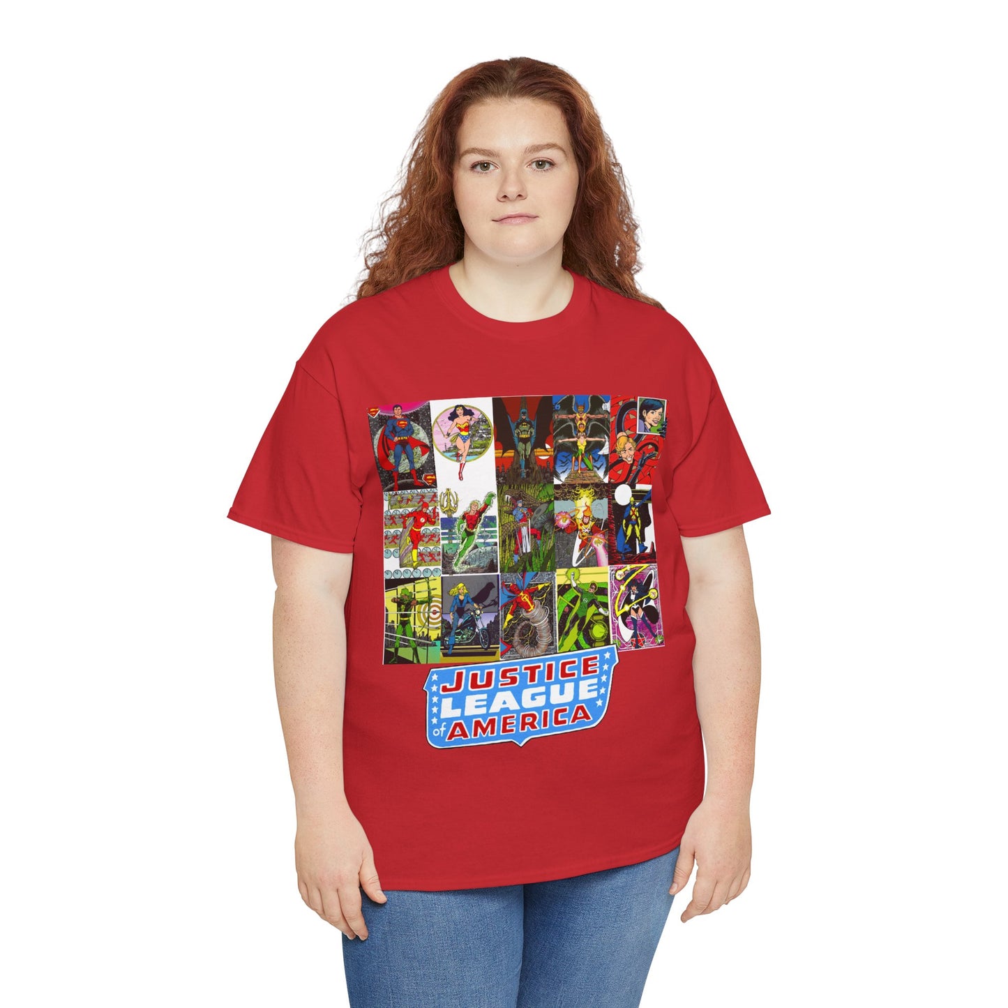 JLA Postcard T-Shirt - George Perez Art - Zatanna, Green Lantern, Flash, Batman, Hawkman, Wonder Woman, Firestorm - Justice League of America - DC Comics