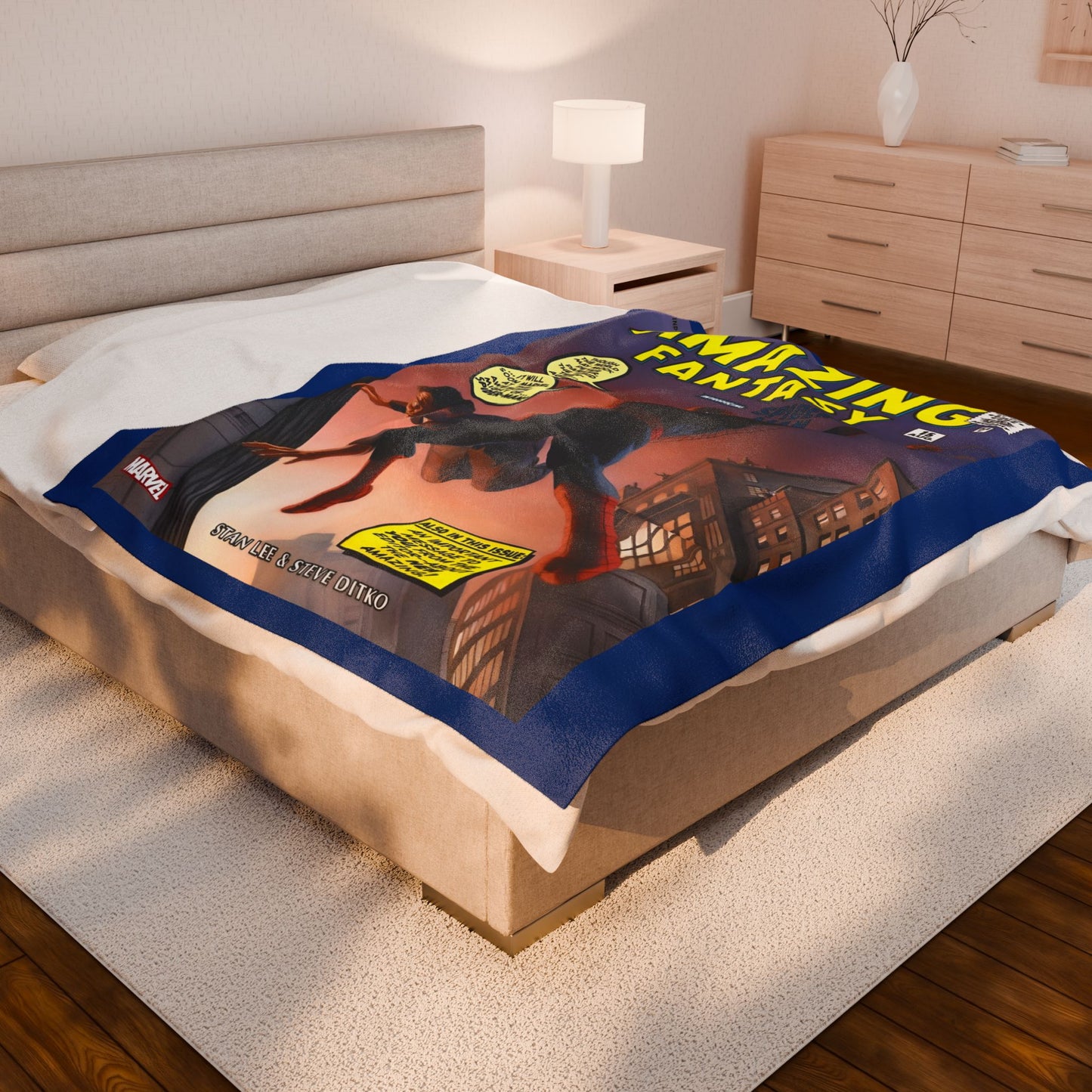 Amazing Spider-Man Velveteen Plush Blanket 60x80" - Amazing Fantasy #15 - Steve Ditko Art - 1st Appearance Cover - Peter Parker - Marvel Comics