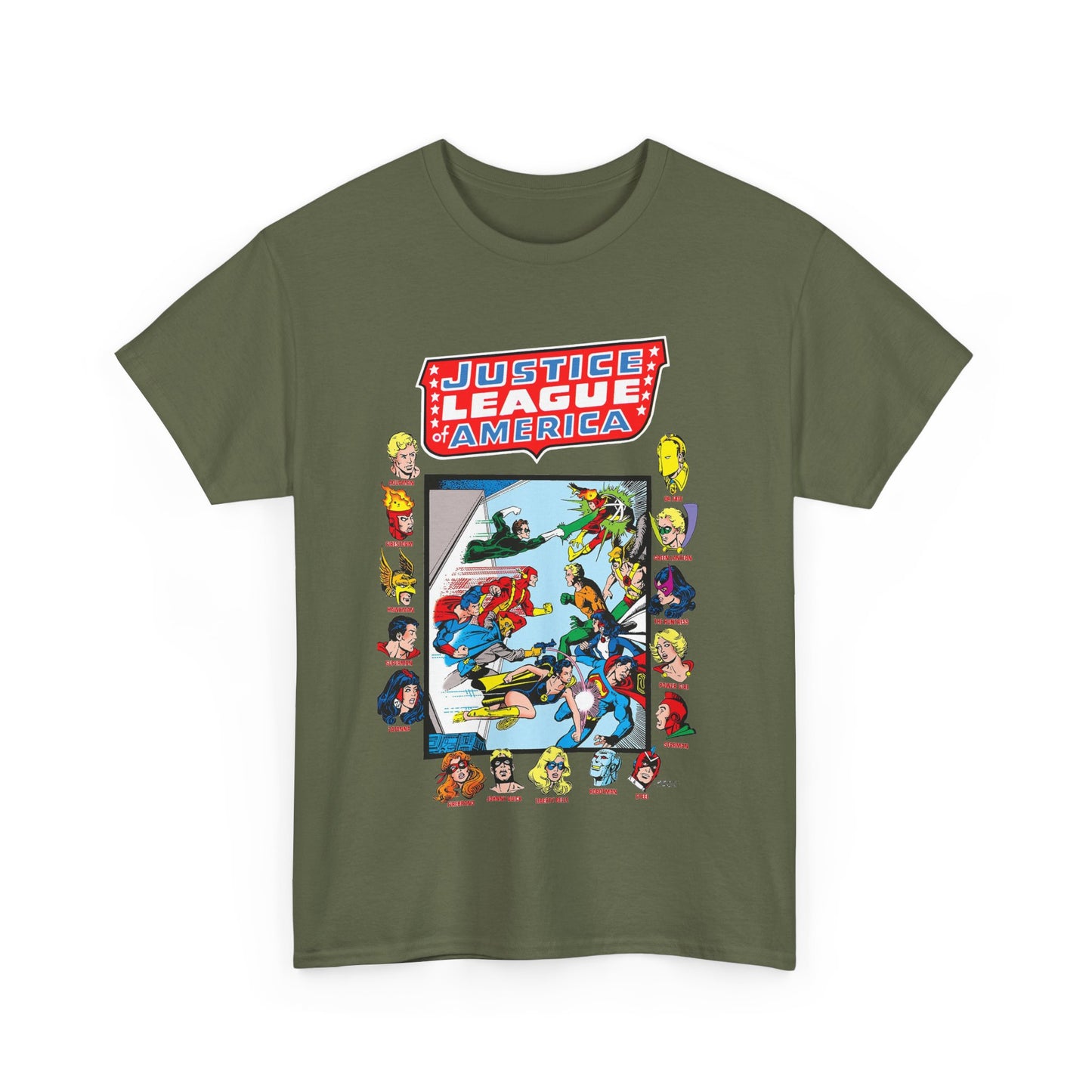 JLA & JSA T-Shirt - George Perez Art - All-Star Squadron - Firestorm, Huntress, Starman, Zatanna, Liberty Belle, Superman, Robotman, Firebrand, Dr Fate - DC Comics