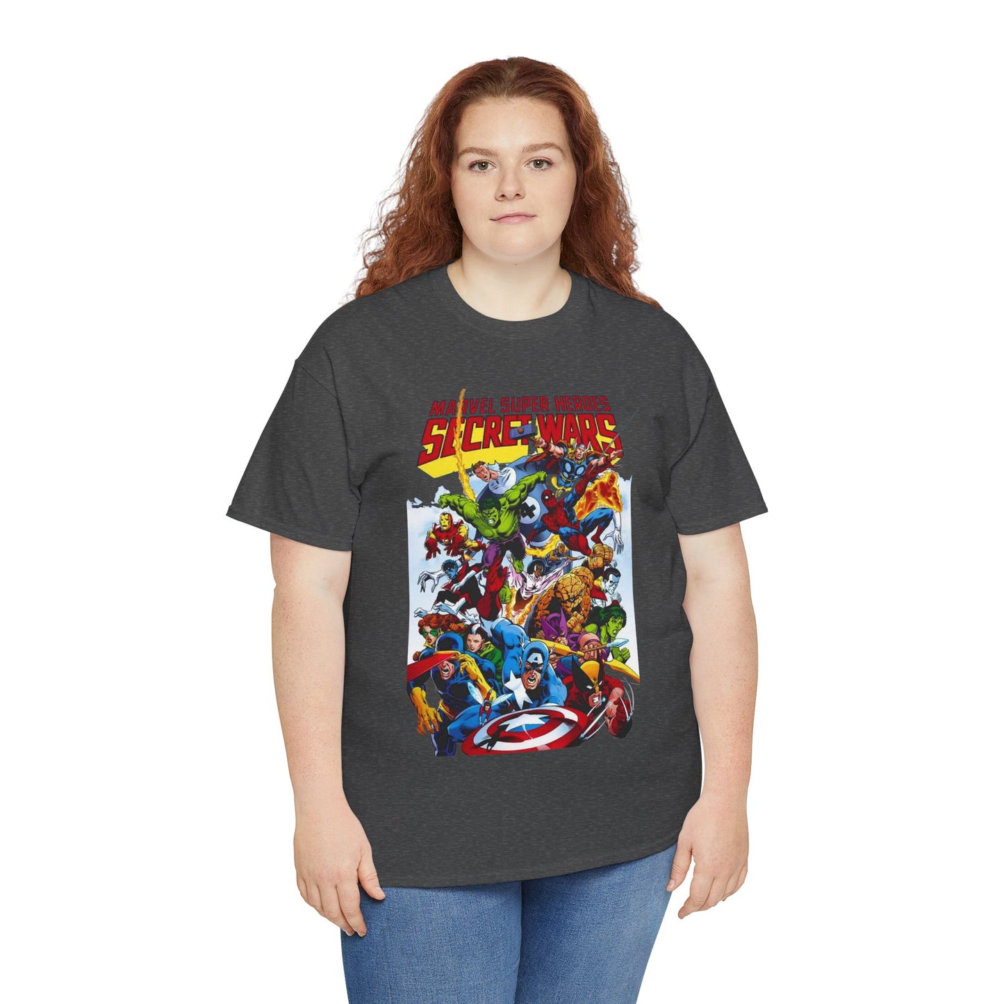 Secret Wars T-Shirt - Spider-man, Wolverine, Iron Man, Captain America, Cyclops, Rogue, Hulk, Mr Fantastic, The Thing - Classic Marvel Comics 1980s Series - The Beyonder