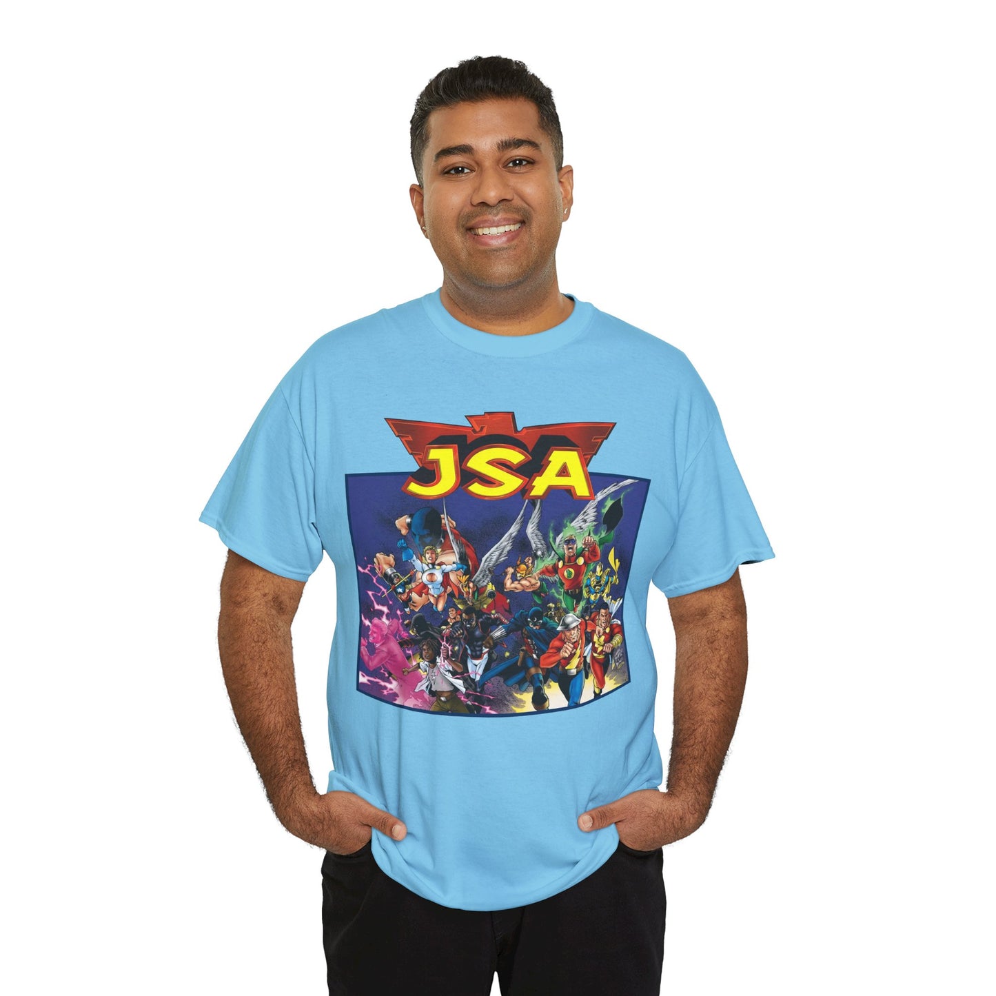 JSA T-Shirt - Carlos Pacheco Art - Green Lantern, Power Girl, Hawkgirl, Black Adam, Flash, Dr Fate, Hawkman - DC Comics - Justice Society of America
