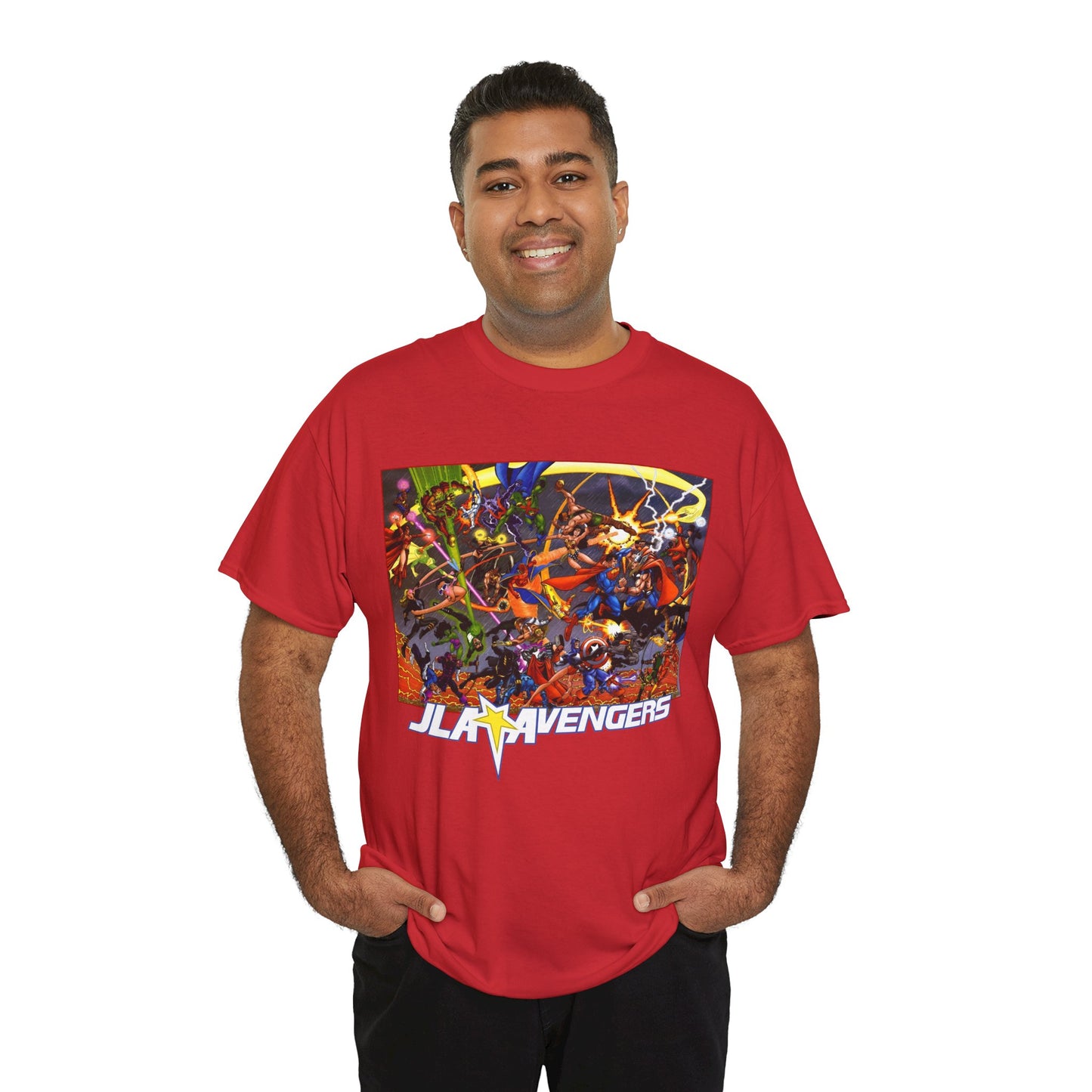 Avengers Vs JLA T-Shirt - Stunning George Perez Art - Marvel & DC Comics Crossover - Thor, Superman, Wonder Woman, Hercules, Iron Man, Batman, Black Canary, Scarlet Witch, Wonder Man, Martian Manhunter