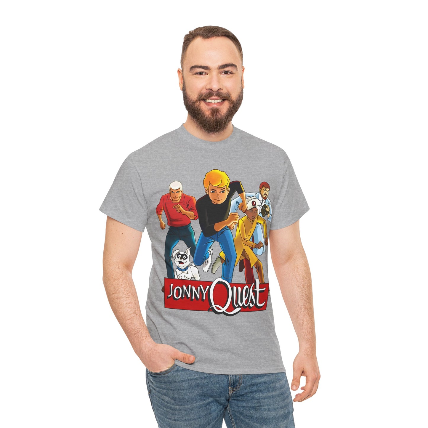 Jonny Quest T-Shirt - Popular Hanna-Barbera Cartoon Characters from the 1960s Adventure TV Show - Dr Benton, Hadji, Race Bannon, Bandit the Dog