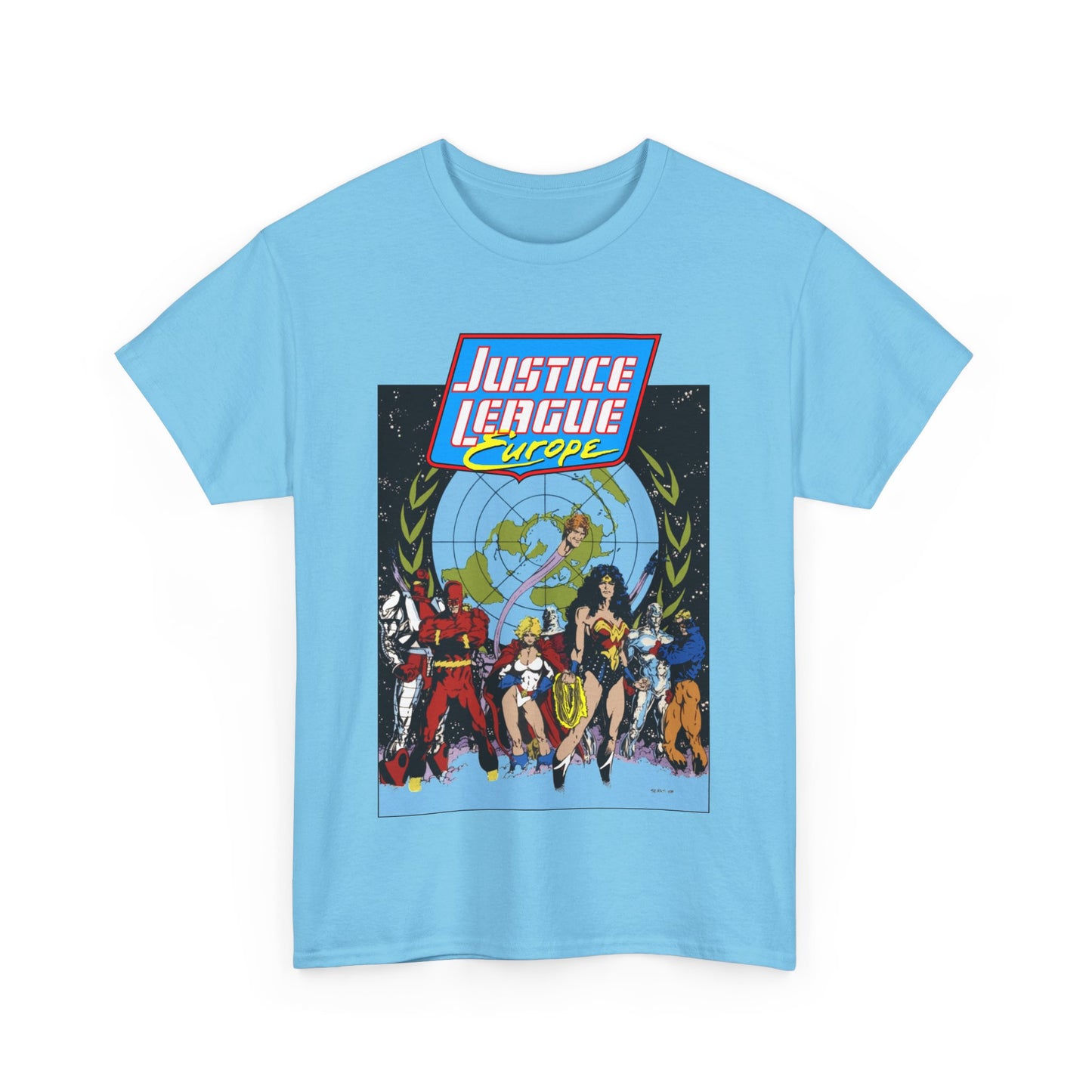 Justice League Europe T-Shirt - Bart Sears Art - Wonder Woman, Flash, Captain Atom, Animal Man, Elongated Man, Power Girl, Metamorpho - JLI Spin-Off - DC Comics