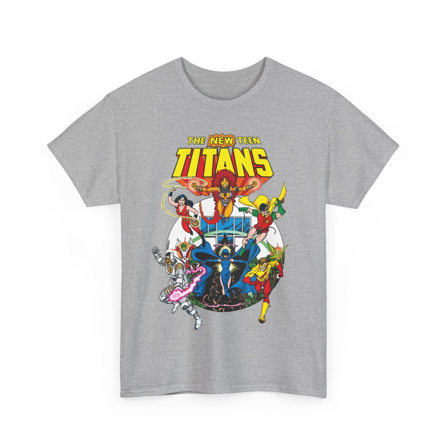 New Teen Titans T-Shirt - Classic George Perez Art - Cyborg, Raven, Starfire, Robin, Wonder Girl, Changeling, Kid Flash - Titans Tower - Popular DC Comics 1980s Series