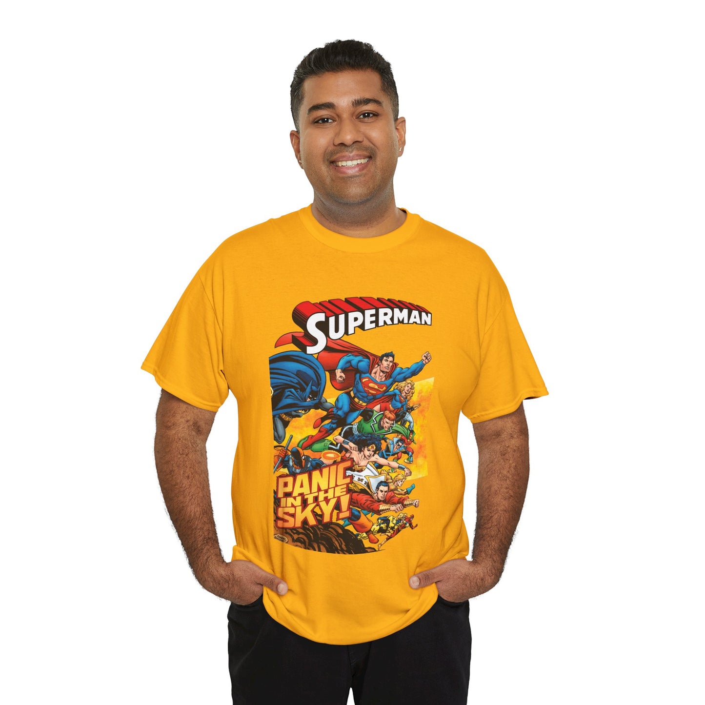 Superman - Panic in the Sky T-Shirt - Dan Jurgens Art - Vs Brainiac & Maxima - Wonder Woman, Booster Gold, Shazam, Batman, Flash, Aquaman, Supergirl - DC Comics