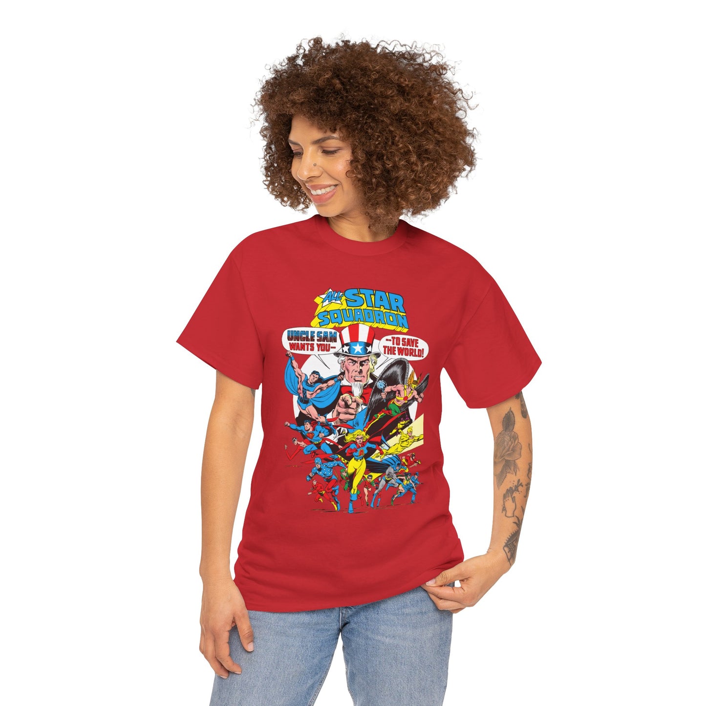 All-Star Squadron T-Shirt - Jerry Ordway Art - Uncle Sam, Hawkman, Superman, Liberty Belle, Black Condor, the Ray, Batman, Plastic Man - JSA Link - DC Comics