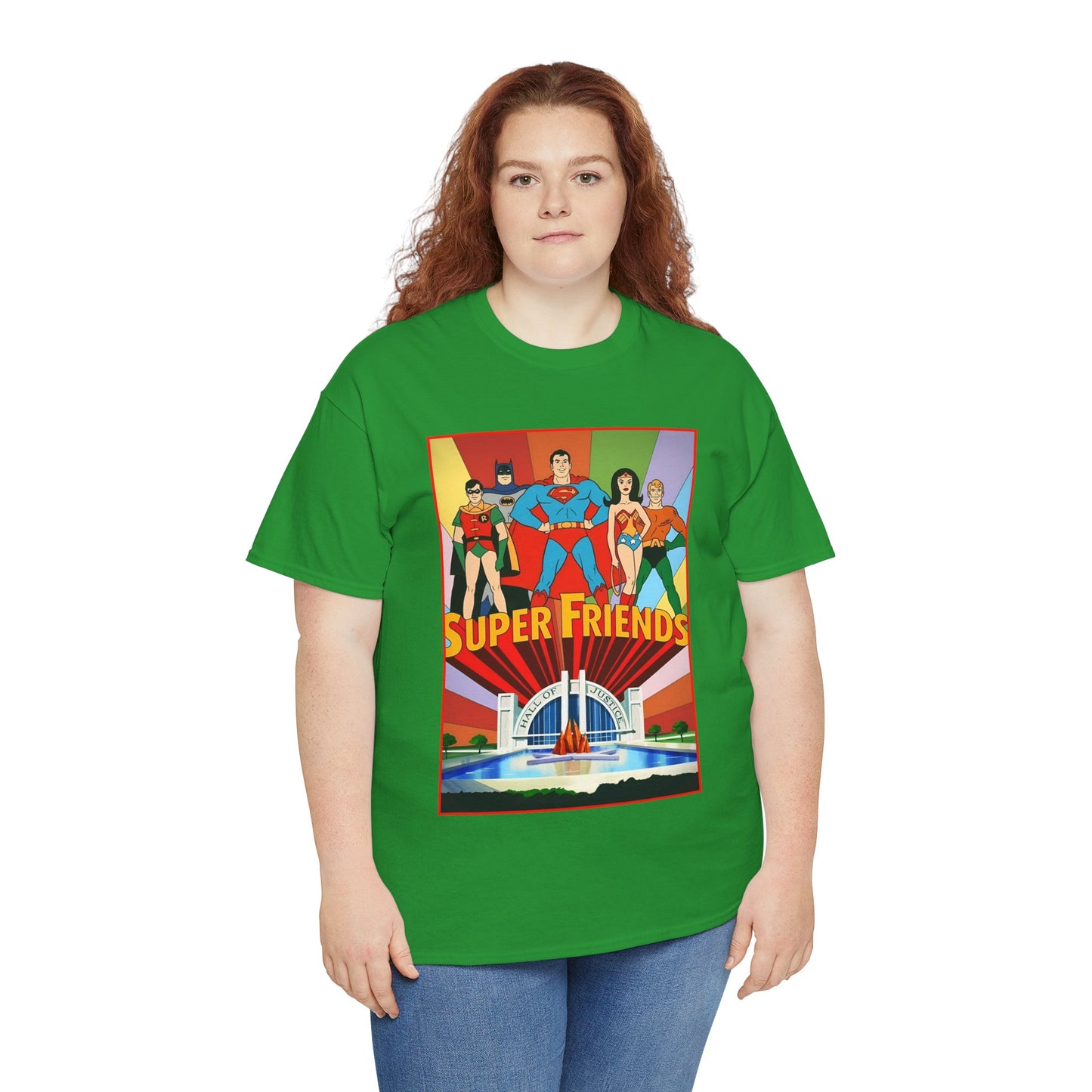 Super Friends T-Shirt - Batman, Superman, Wonder Woman, Robin - Hanna-Barbera Cartoon - DC Comics - Hall of Justice