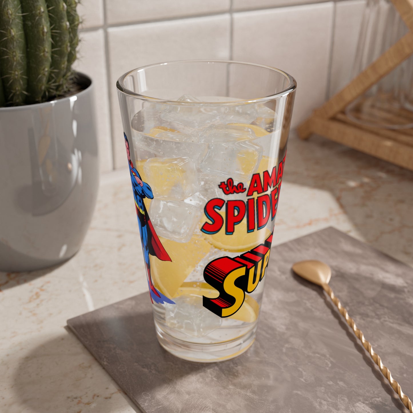 Amazing Spider-Man & Superman Pint Glass, 16oz - DC & Marvel Comics Crossover - 1970s Retro Art