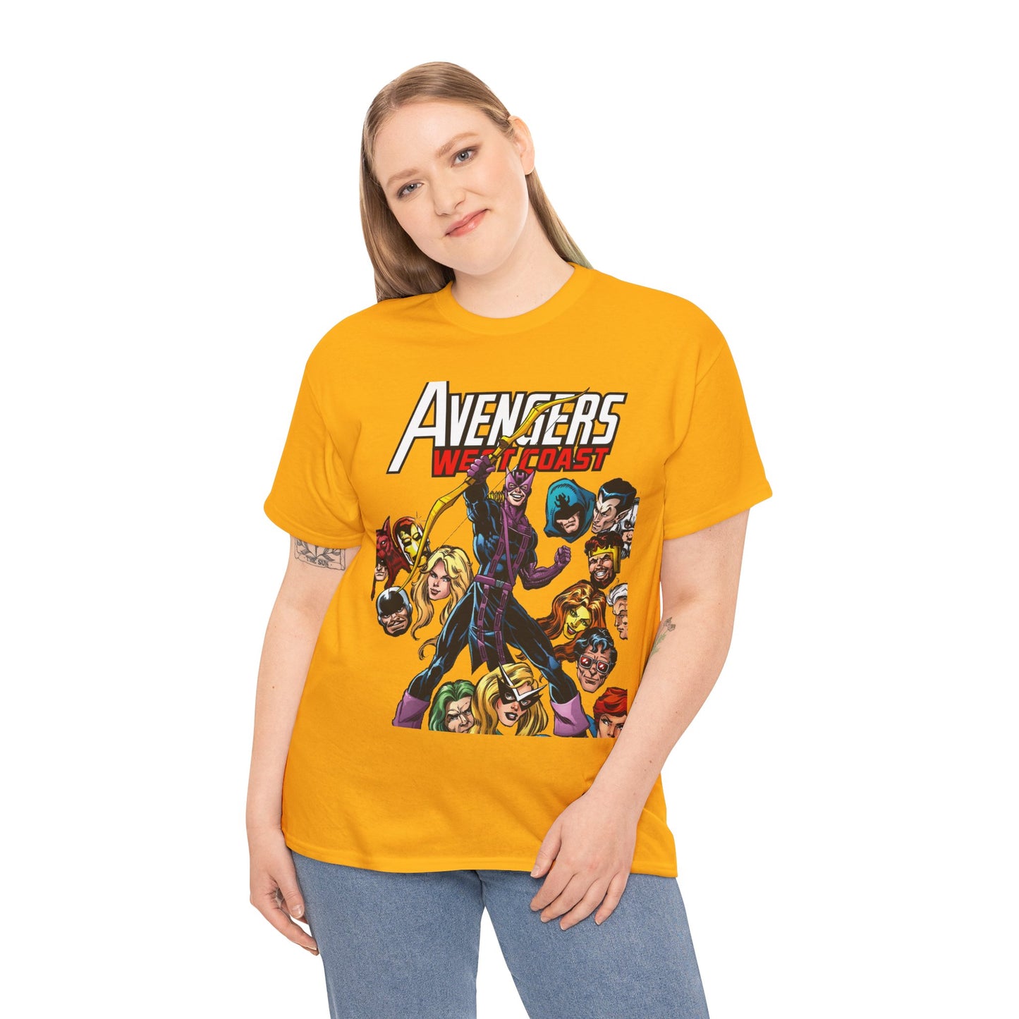 Avengers West Coast T-Shirt - Bob Hall Art - Hawkeye, Iron Man, Wonder Man, Tigra, Mockingbird - Marvel Comics Team