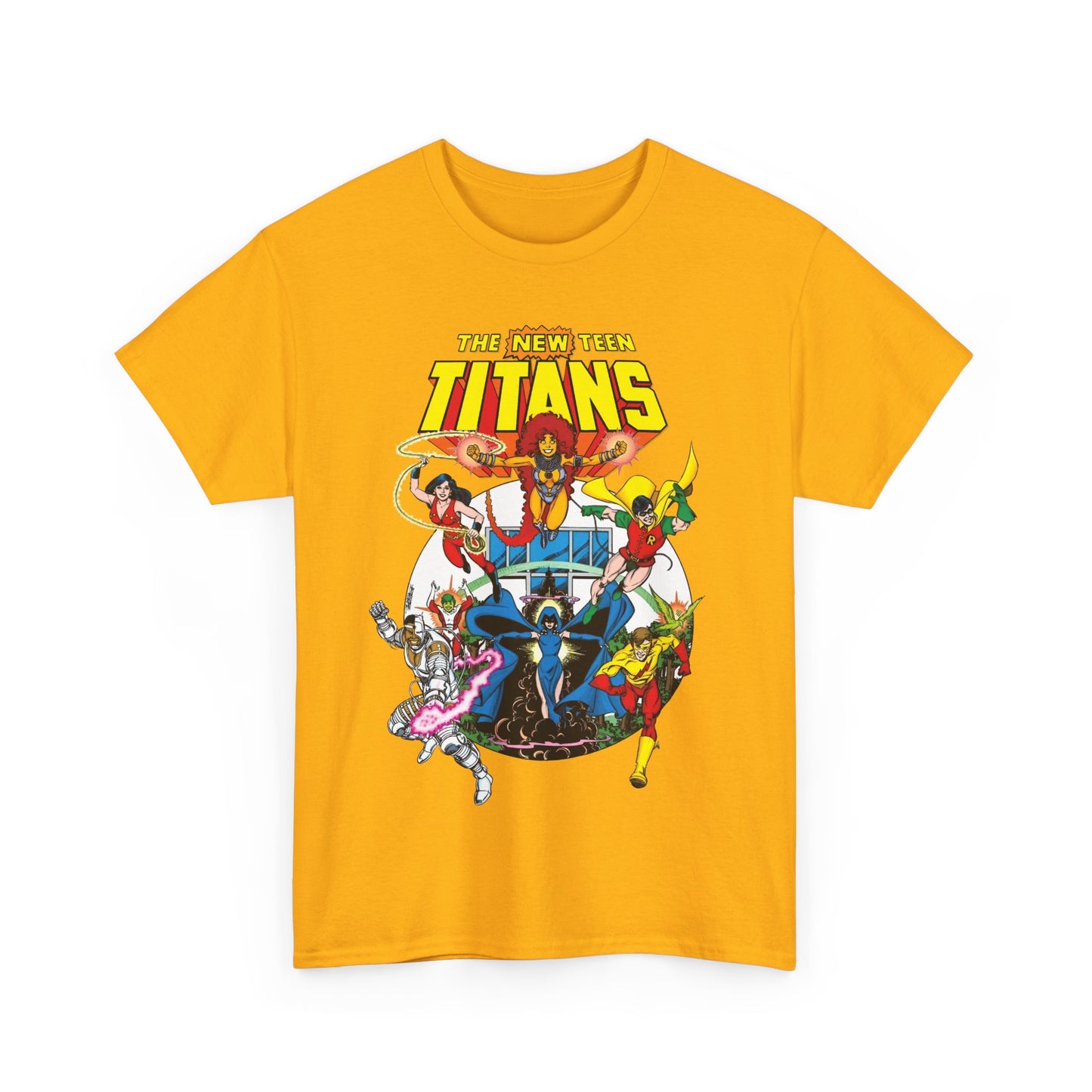New Teen Titans T-Shirt - Classic George Perez Art - Cyborg, Raven, Starfire, Robin, Wonder Girl, Changeling, Kid Flash - Titans Tower - Popular DC Comics 1980s Series