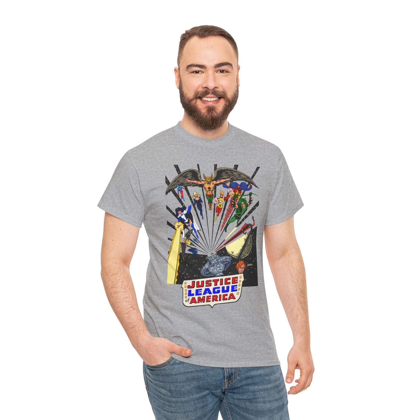 Justice League of America T-Shirt - George Perez Art - Bronze Age Satellite Era - DC Comics - Hawkman, Zatanna, Atom, Firestorm, Elongated Man, Green Arrow