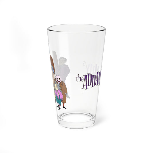 The Addams Family Pint Glass, 16oz - Hanna-Barbera Saturday Morning Cartoon 1970s - Morticia, Gomez, Pugsley, Wednesday, Lurch, Uncle Fester