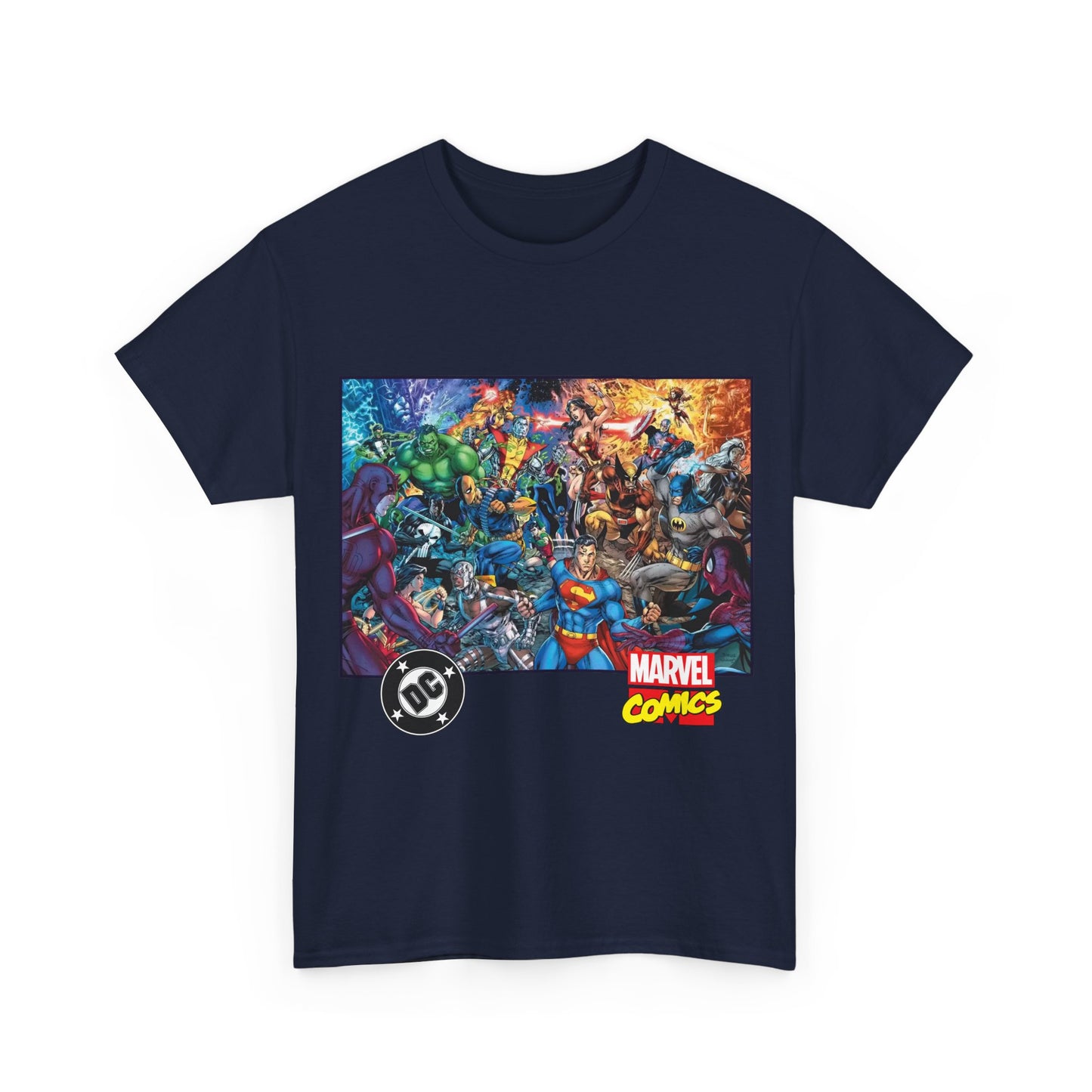 DC Vs Marvel T-Shirt - Jim Lee Art - Batman, Superman, Spider-Man, Wolverine, Wonder Woman, Daredevil, Hulk, Captain America, Deathstroke, Storm, Colossus - DC Comics, Marvel Comics Crossover