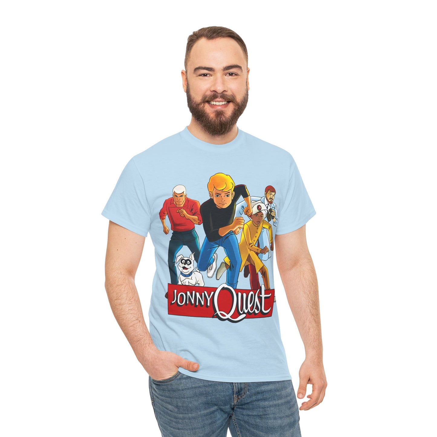 Jonny Quest T-Shirt - Popular Hanna-Barbera Cartoon Characters from the 1960s Adventure TV Show - Dr Benton, Hadji, Race Bannon, Bandit the Dog