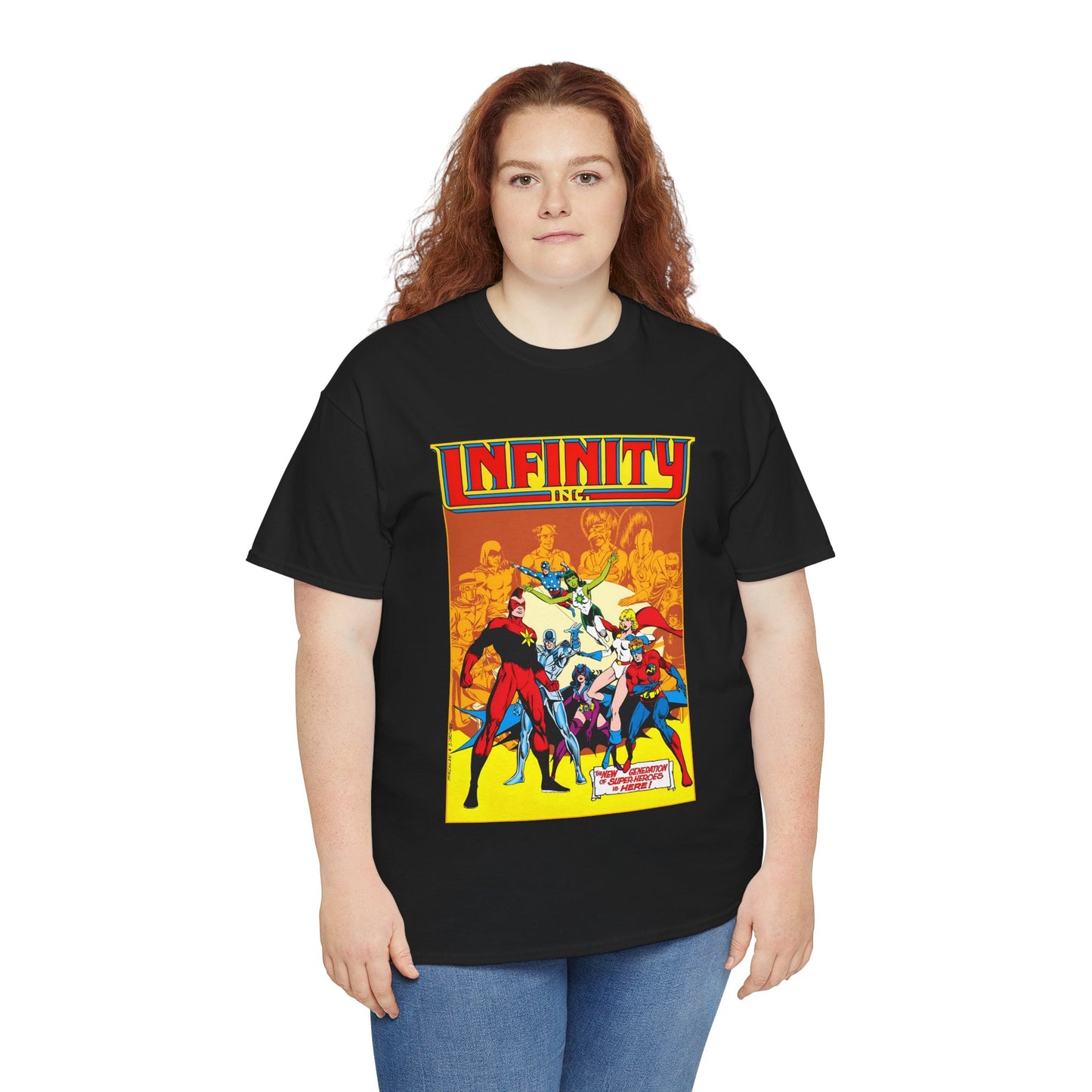 Infinity, Inc T-Shirt - Jerry Ordway Art - Silver Scarab, Huntress, Power Girl, Star-Spangled Kid, Fury, Jade - DC Comics - 1980s JSA Spin-Off Series