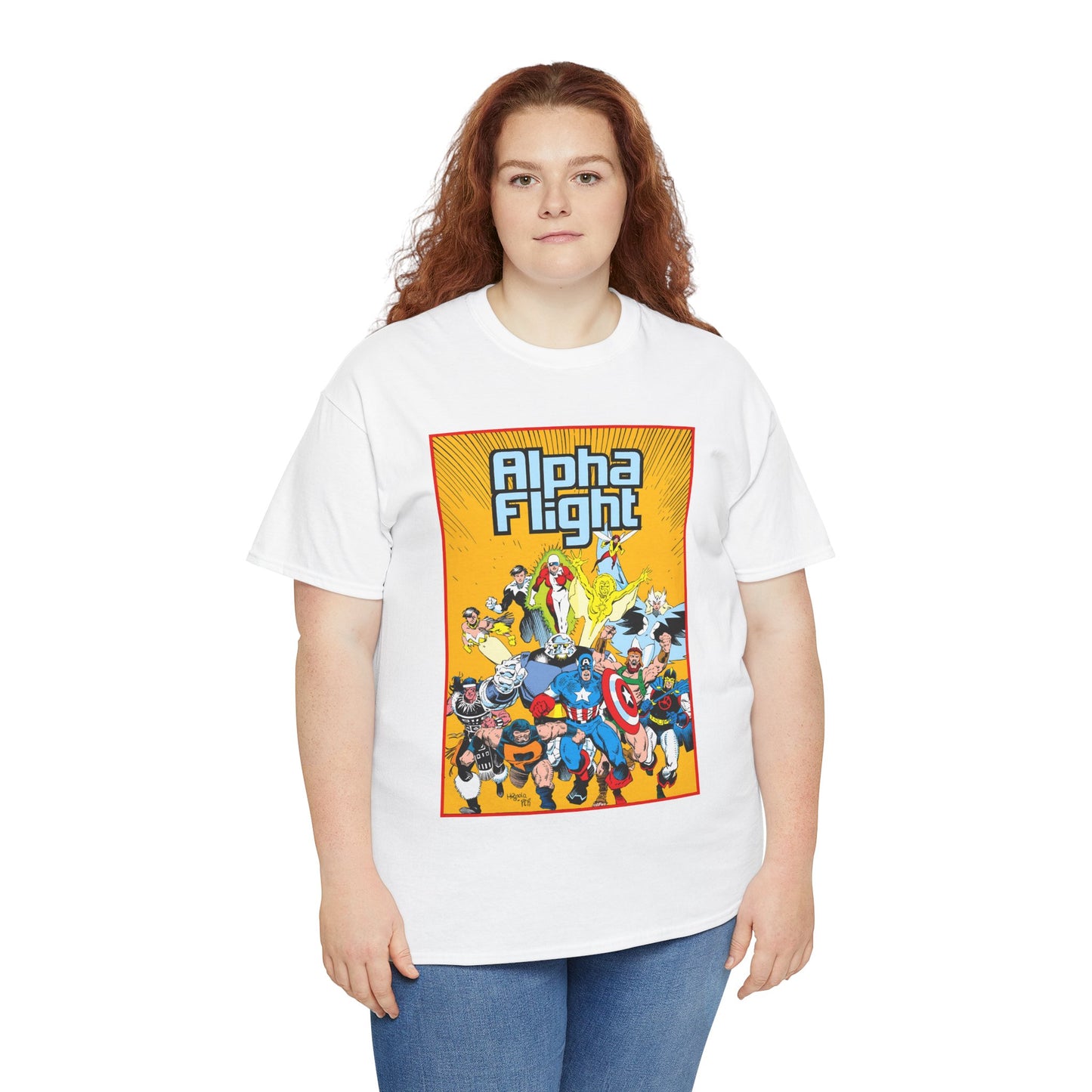 Alpha Flight T-Shirt - Mike Mignola Art - Northstar, Aurora, Snowbird, Shaman, Puck - Avengers: Captain America, Captain Marvel, Hercules, Black Knight - Marvel Comics