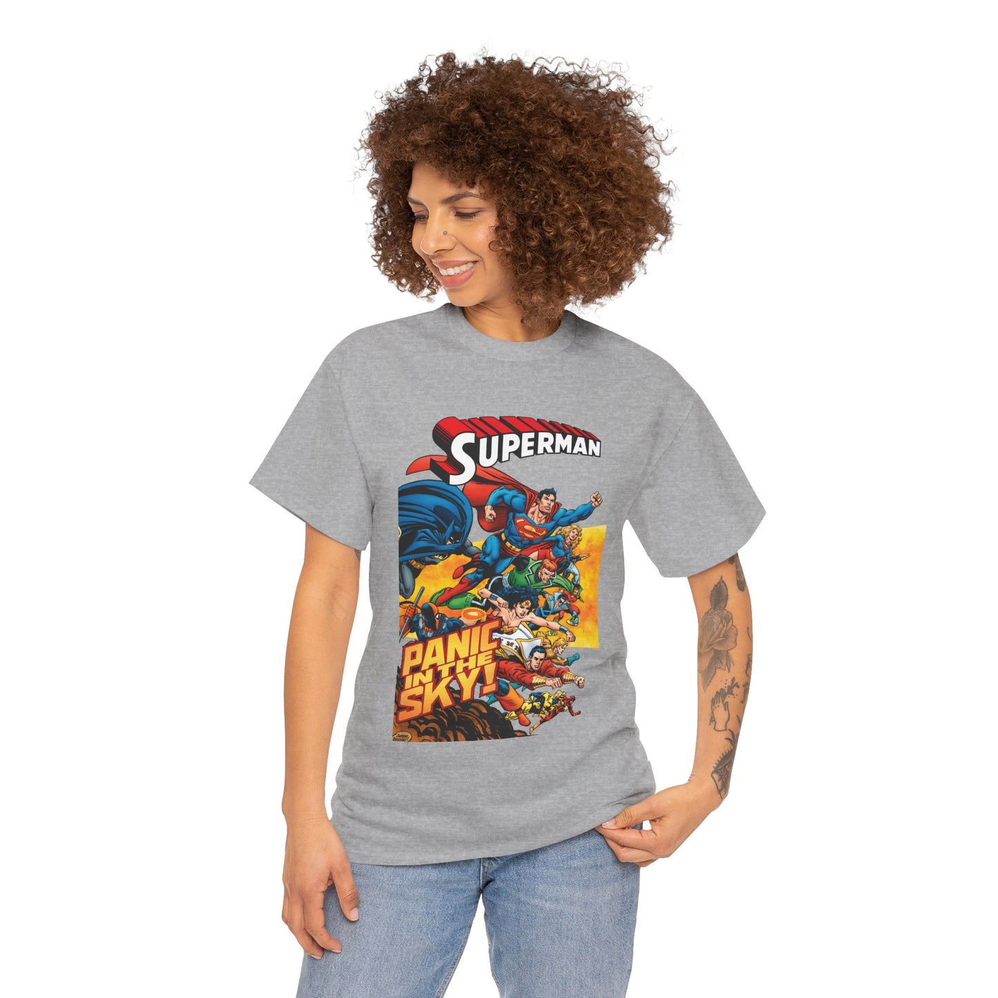 Superman - Panic in the Sky T-Shirt - Dan Jurgens Art - Vs Brainiac & Maxima - Wonder Woman, Booster Gold, Shazam, Batman, Flash, Aquaman, Supergirl - DC Comics