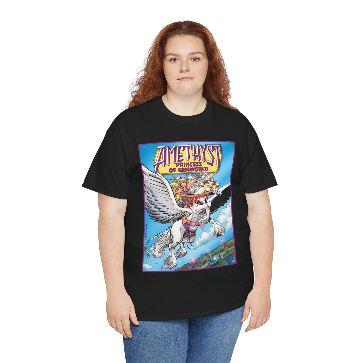 Amethyst Princess of Gemworld T-Shirt - George Perez Art - DC Comics 1980s Series - Riding a Unicorn