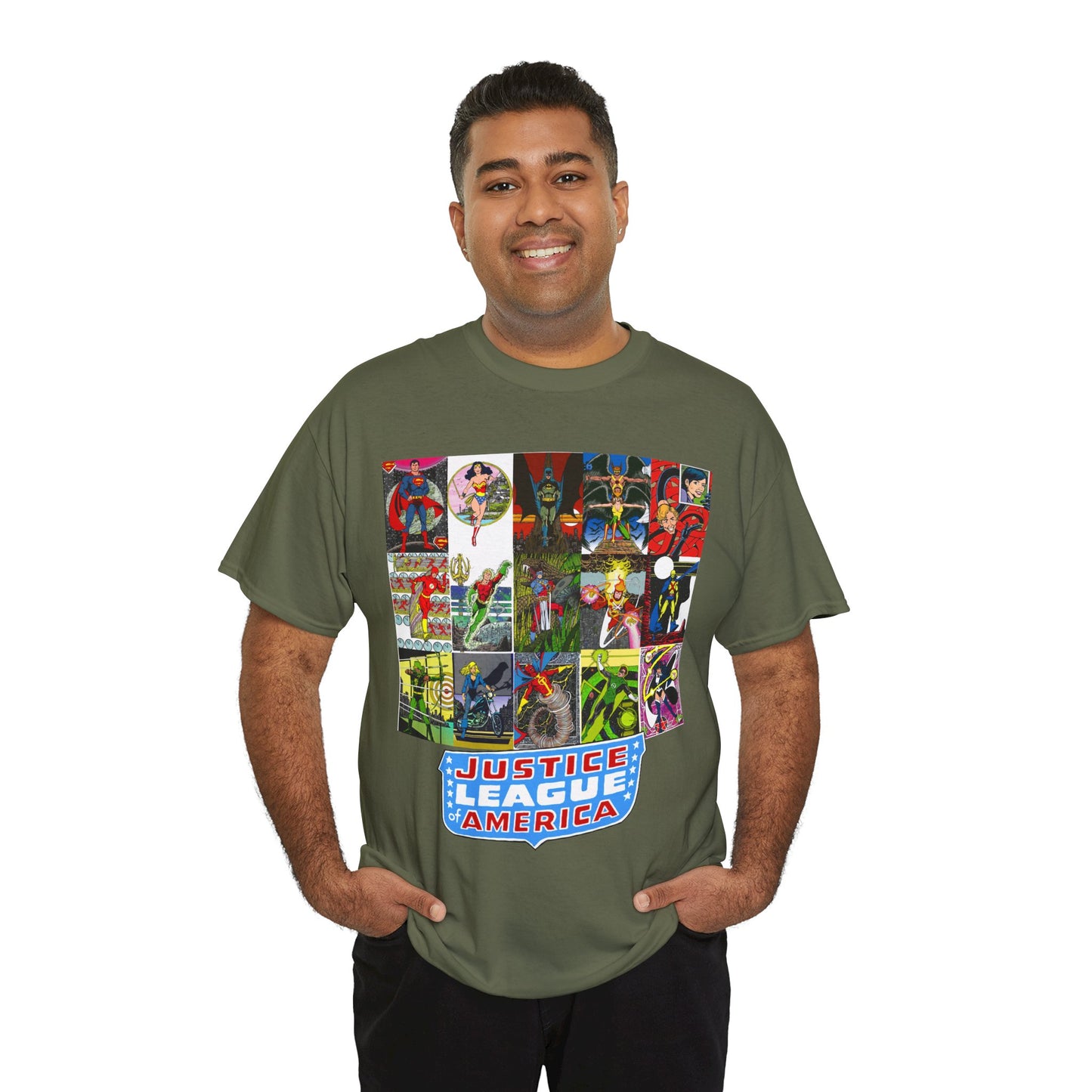 JLA Postcard T-Shirt - George Perez Art - Zatanna, Green Lantern, Flash, Batman, Hawkman, Wonder Woman, Firestorm - Justice League of America - DC Comics