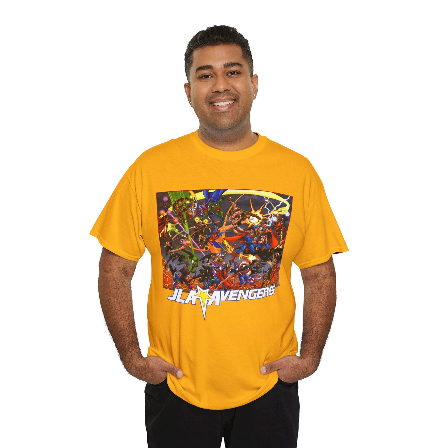 Avengers Vs JLA T-Shirt - Stunning George Perez Art - Marvel & DC Comics Crossover - Thor, Superman, Wonder Woman, Hercules, Iron Man, Batman, Black Canary, Scarlet Witch, Wonder Man, Martian Manhunter