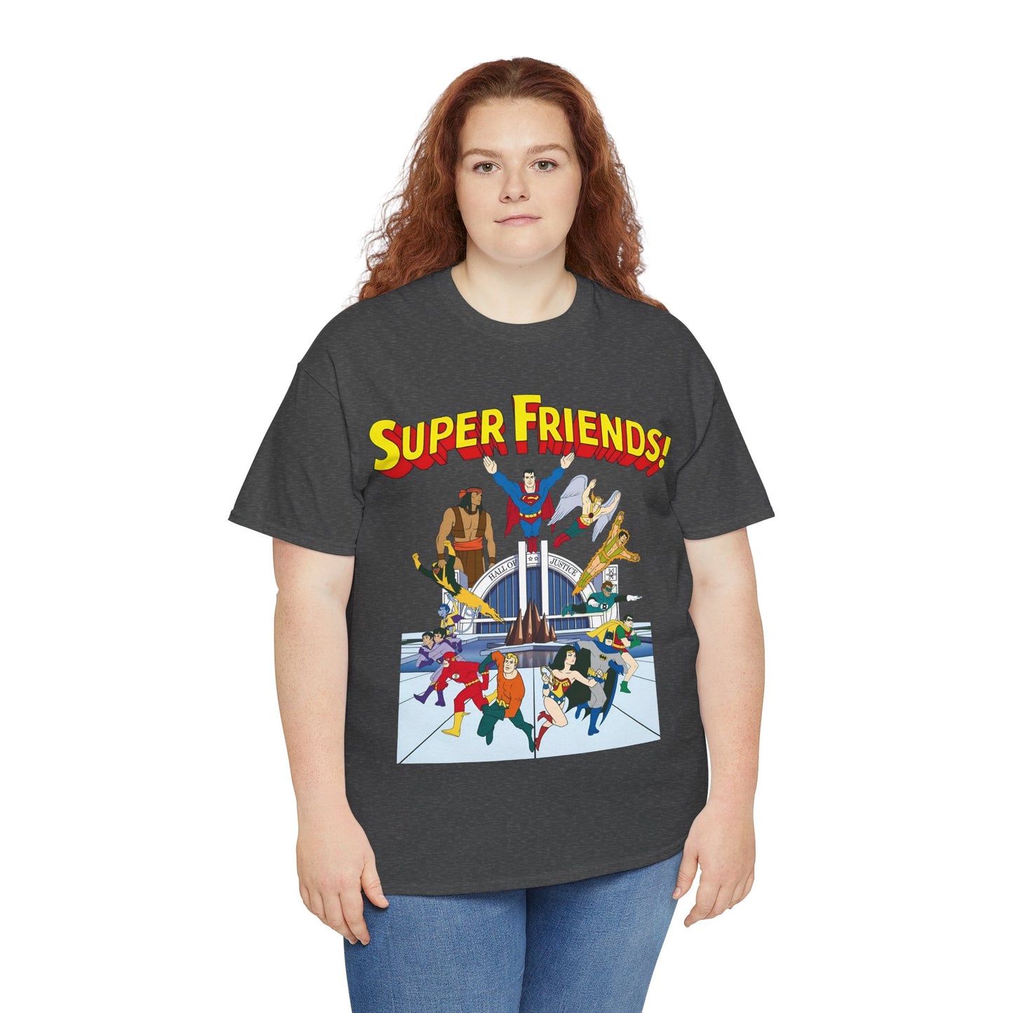 Super Friends T-Shirt - DC Hanna-Barbera - Superman, Wonder Woman, Black Vulcan, Batman, The Wonder Twins, Apache Chief, Hall of Justice