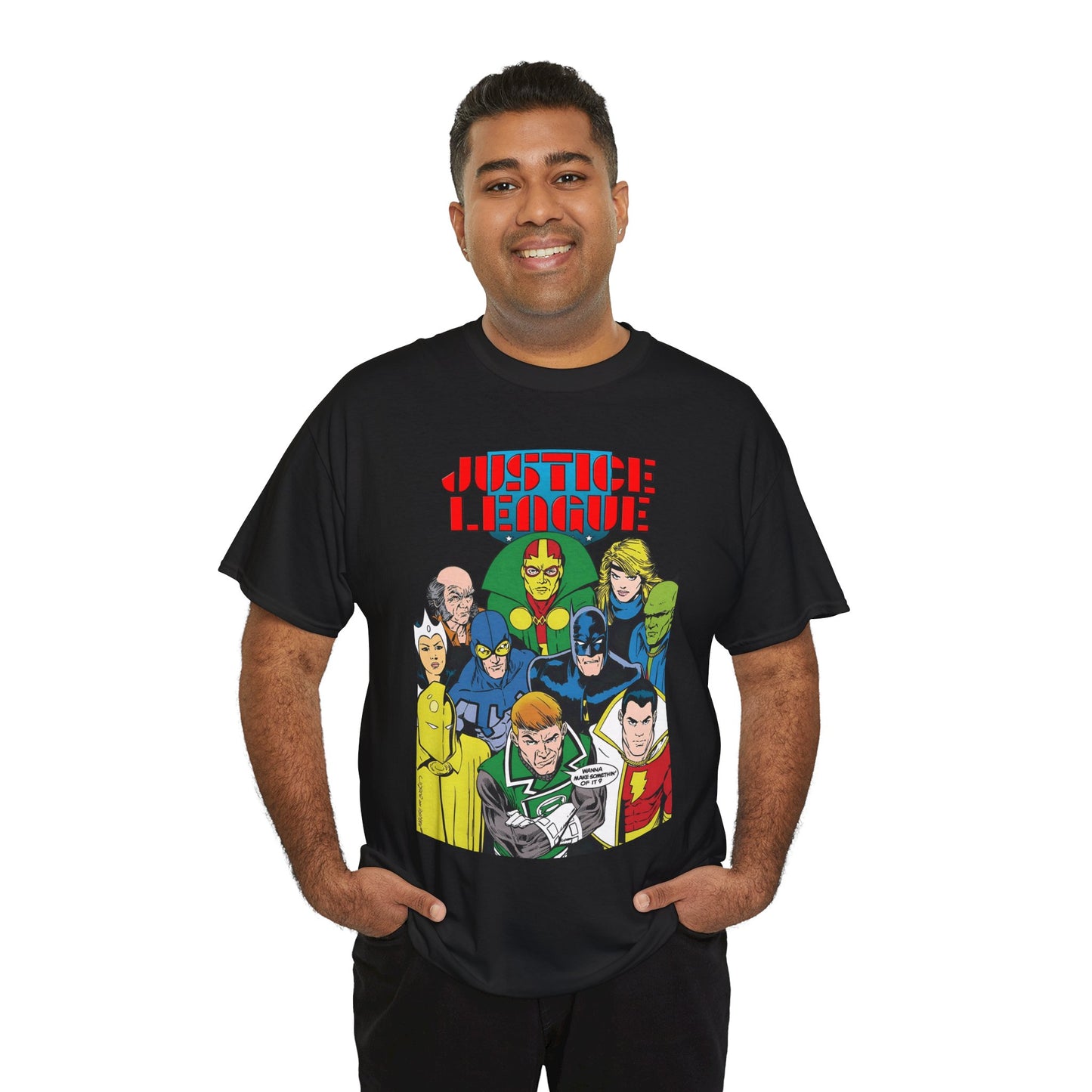 Justice League International T-Shirt - Kevin Maguire Art - JLI - DC Comics - Blue Beetle, Dr Fate, Batman, Mr Miracle, Martian Manhunter - Guy Gardner