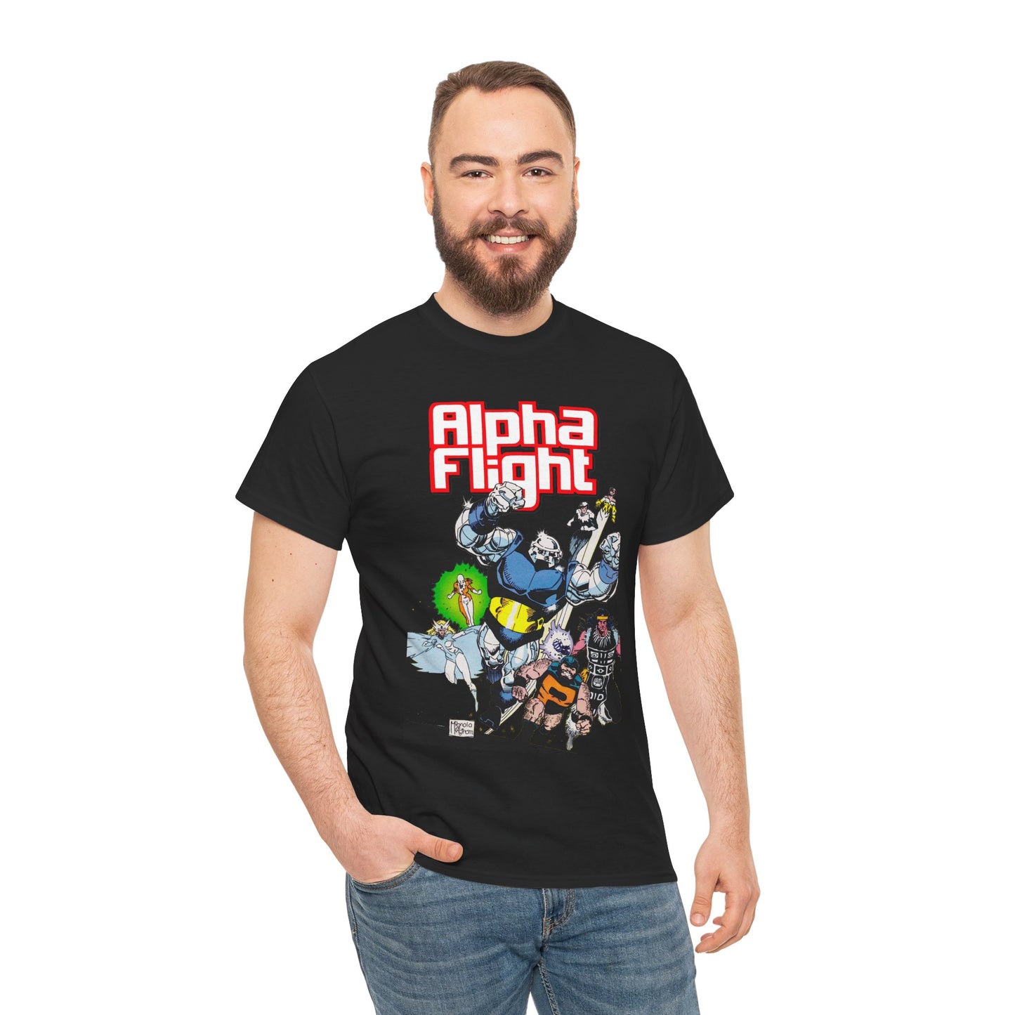 Alpha Flight T-Shirt - Mike Mignola Art - Shaman, Snowbird, Northstar, Aurora, Box, Vindicator, Puck - Canada's Super-Team - Marvel Comics