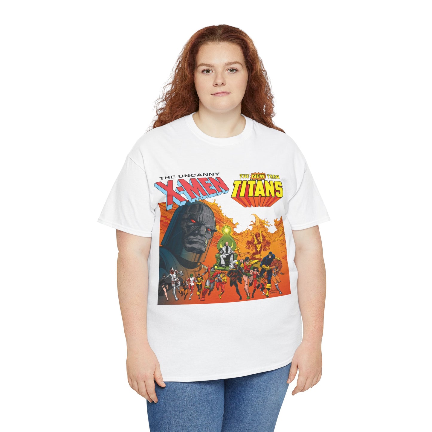 X-Men & New Teen Titans T-Shirt - Walt Simonson Art - Marvel & DC Comics Crossover - Wolverine, Raven, Storm, Cyclops, Robin, Cyborg, Colossus, Dark Phoenix, Darkseid