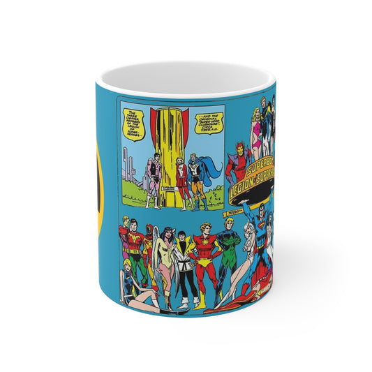 Superboy & Legion of Super-Heroes Coffee Mug, 11oz - DC Comics - Cosmic Boy, Lightning Lad, Saturn Girl, Mon-El, Shadow Lass - Silver/Bronze Age Art