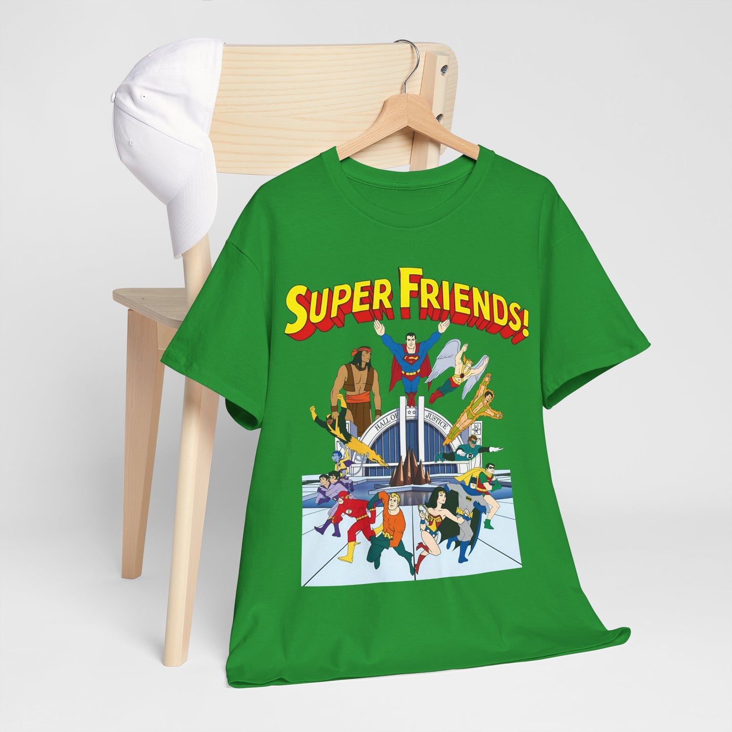 Super Friends T-Shirt - DC Hanna-Barbera - Superman, Wonder Woman, Black Vulcan, Batman, The Wonder Twins, Apache Chief, Hall of Justice