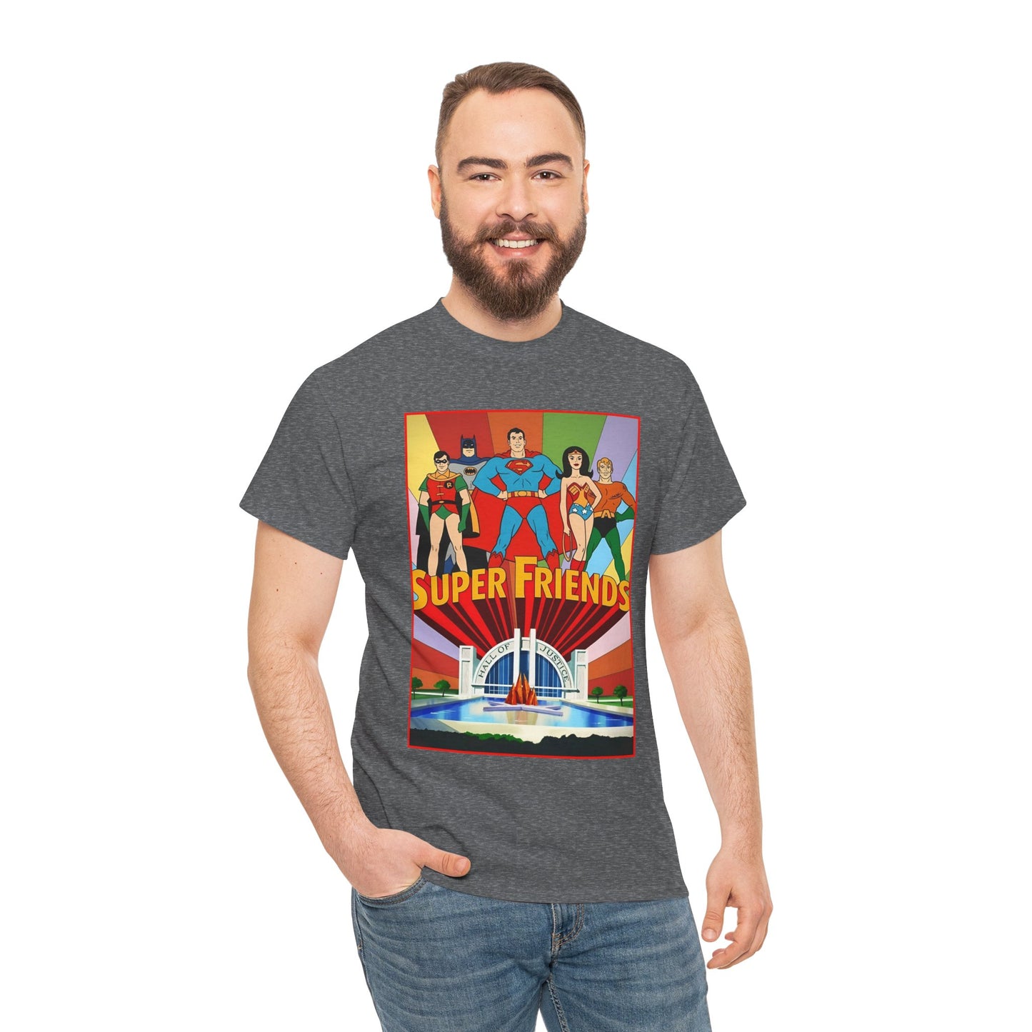 Super Friends T-Shirt - Batman, Superman, Wonder Woman, Robin - Hanna-Barbera Cartoon - DC Comics - Hall of Justice