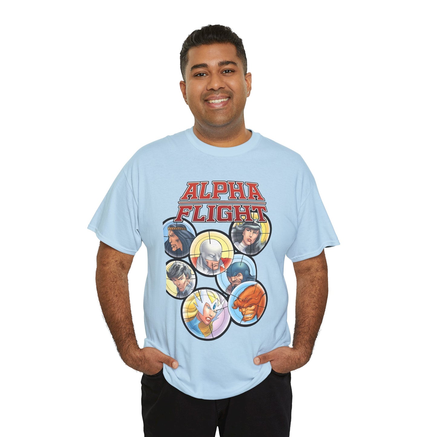 Alpha Flight T-Shirt - John Byrne Art - Guardian, Aurora, Northstar, Sasquatch, Shaman, Puck, Snowbird - Canada's Super Heroes - Marvel Comics