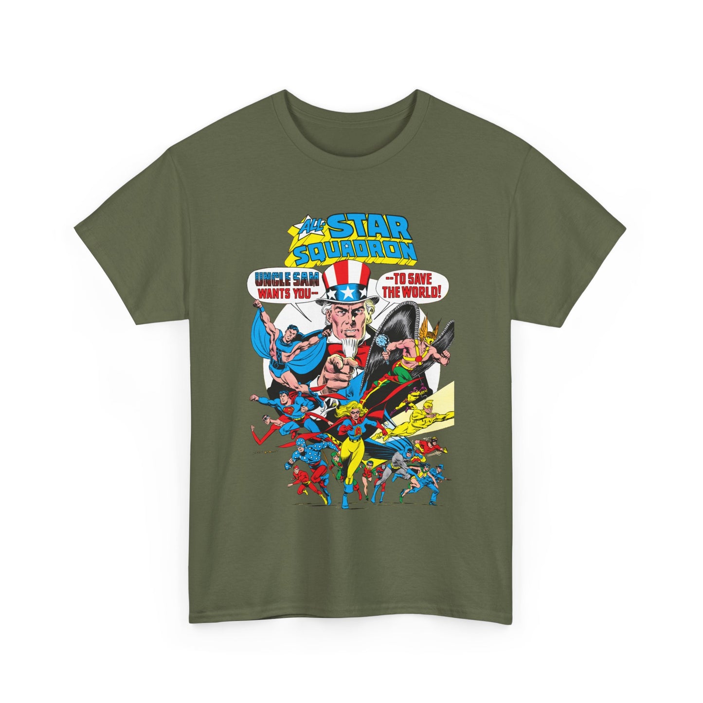 All-Star Squadron T-Shirt - Jerry Ordway Art - Uncle Sam, Hawkman, Superman, Liberty Belle, Black Condor, the Ray, Batman, Plastic Man - JSA Link - DC Comics