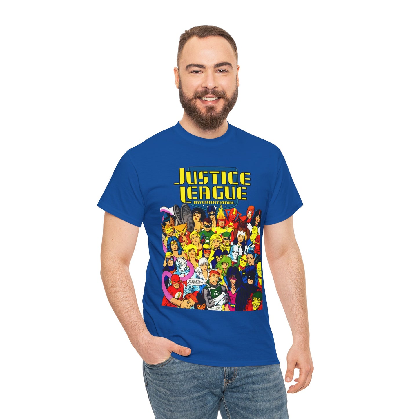 Justice League International T-Shirt - Kevin Maguire DC Comics Sourcebook Art - Booster Gold, Blue Beetle, Batman, Martian Manhunter, Captain Atom, Fire, Ice, Guy Gardner