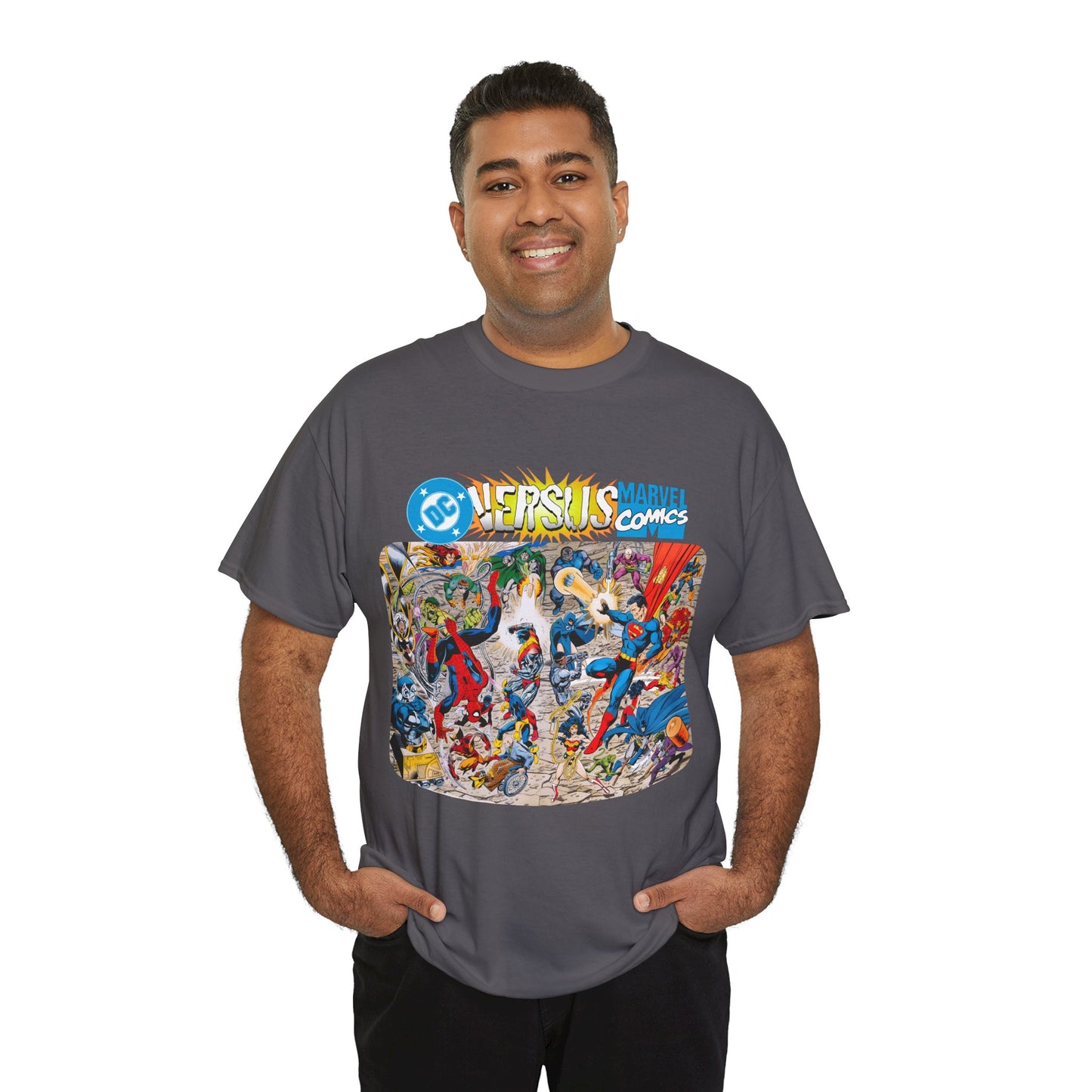 DC Comics Vs Marvel T-Shirt - John Byrne Art - Spider-Man, Raven, Cyborg, Wolverine, Joker, Superman, Batman, Deathstroke, Darkseid