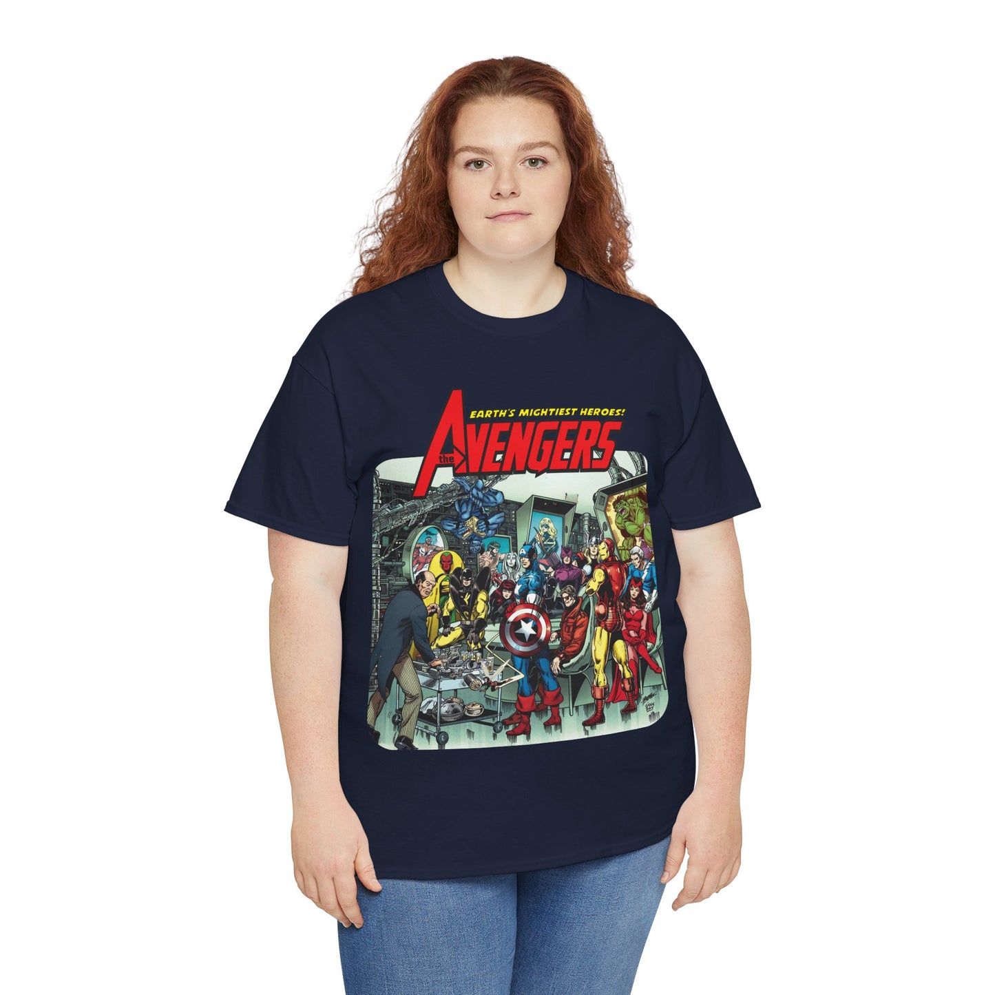 Classic Avengers T-Shirt - George Perez Art - Captain America, Hawkeye, Iron Man, Vision, Scarlet Witch, Quicksilver, Jarvis - Marvel Comics
