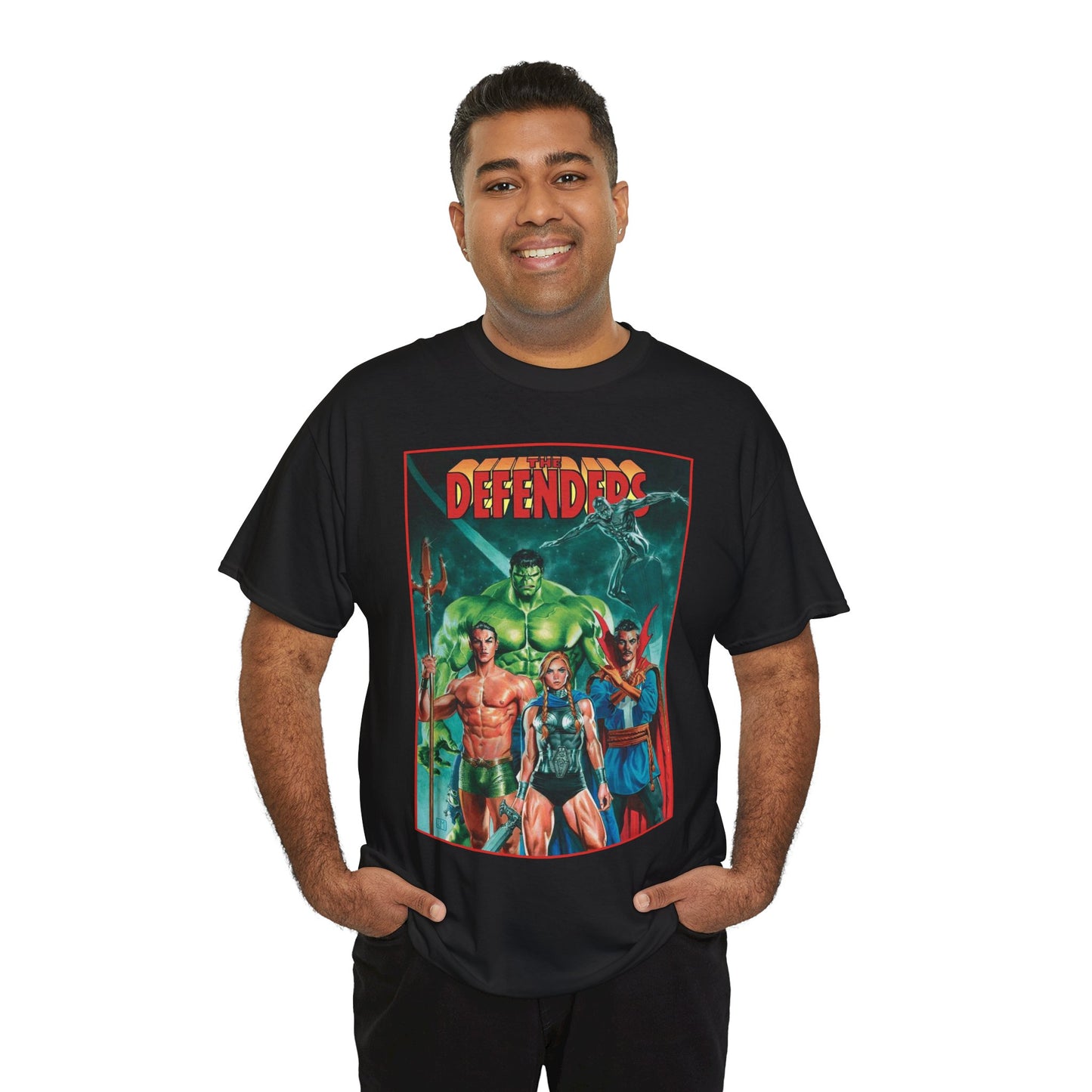 Defenders T-Shirt - Dr Strange, Valkyrie, Hulk, Namor, Silver Surfer - Marvel Comics - Popular 1970s Series