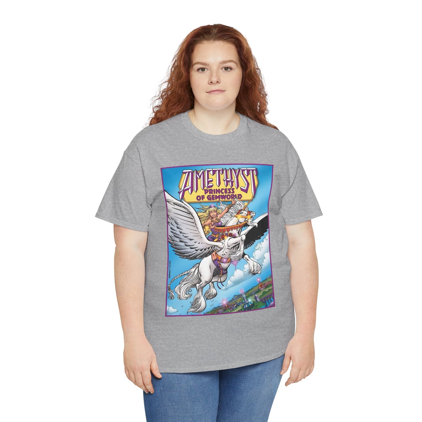 Amethyst Princess of Gemworld T-Shirt - George Perez Art - DC Comics 1980s Series - Riding a Unicorn