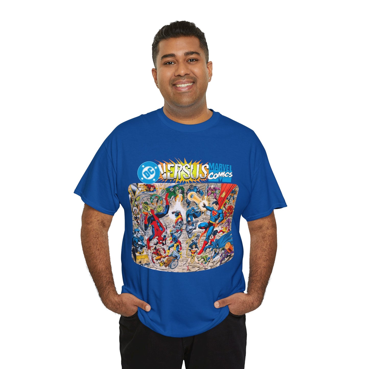 DC Comics Vs Marvel T-Shirt - John Byrne Art - Spider-Man, Raven, Cyborg, Wolverine, Joker, Superman, Batman, Deathstroke, Darkseid