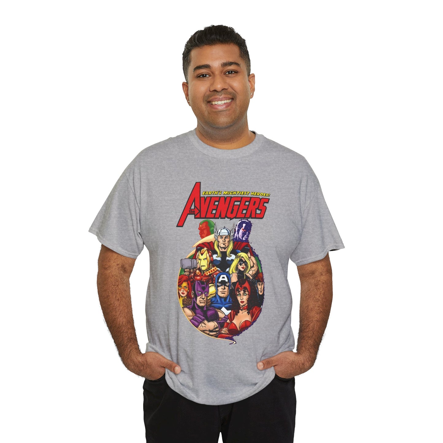 Avengers T-Shirt - George Perez Art - Captain America, Vision, Wonder Man, Iron Man, Thor, Hawkeye, Scarlet Witch - Popular Marvel Comics Characters