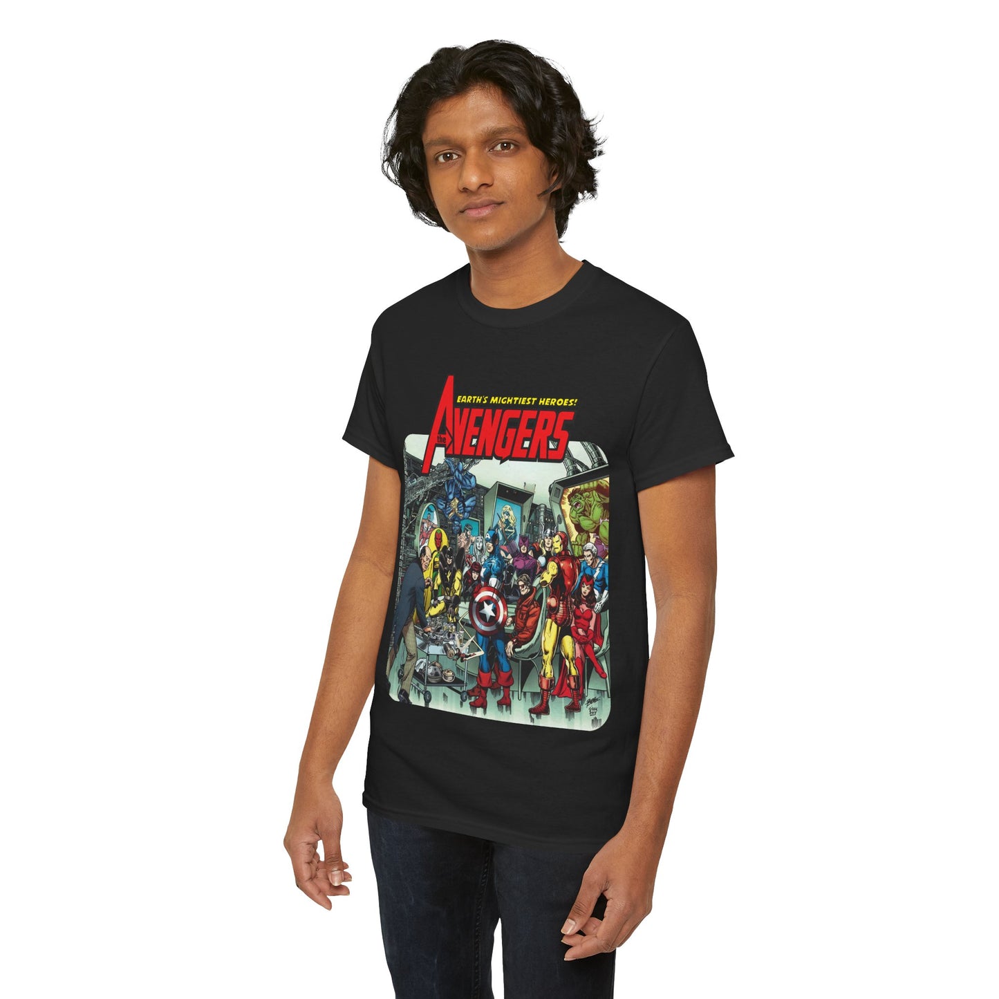Classic Avengers T-Shirt - George Perez Art - Captain America, Hawkeye, Iron Man, Vision, Scarlet Witch, Quicksilver, Jarvis - Marvel Comics