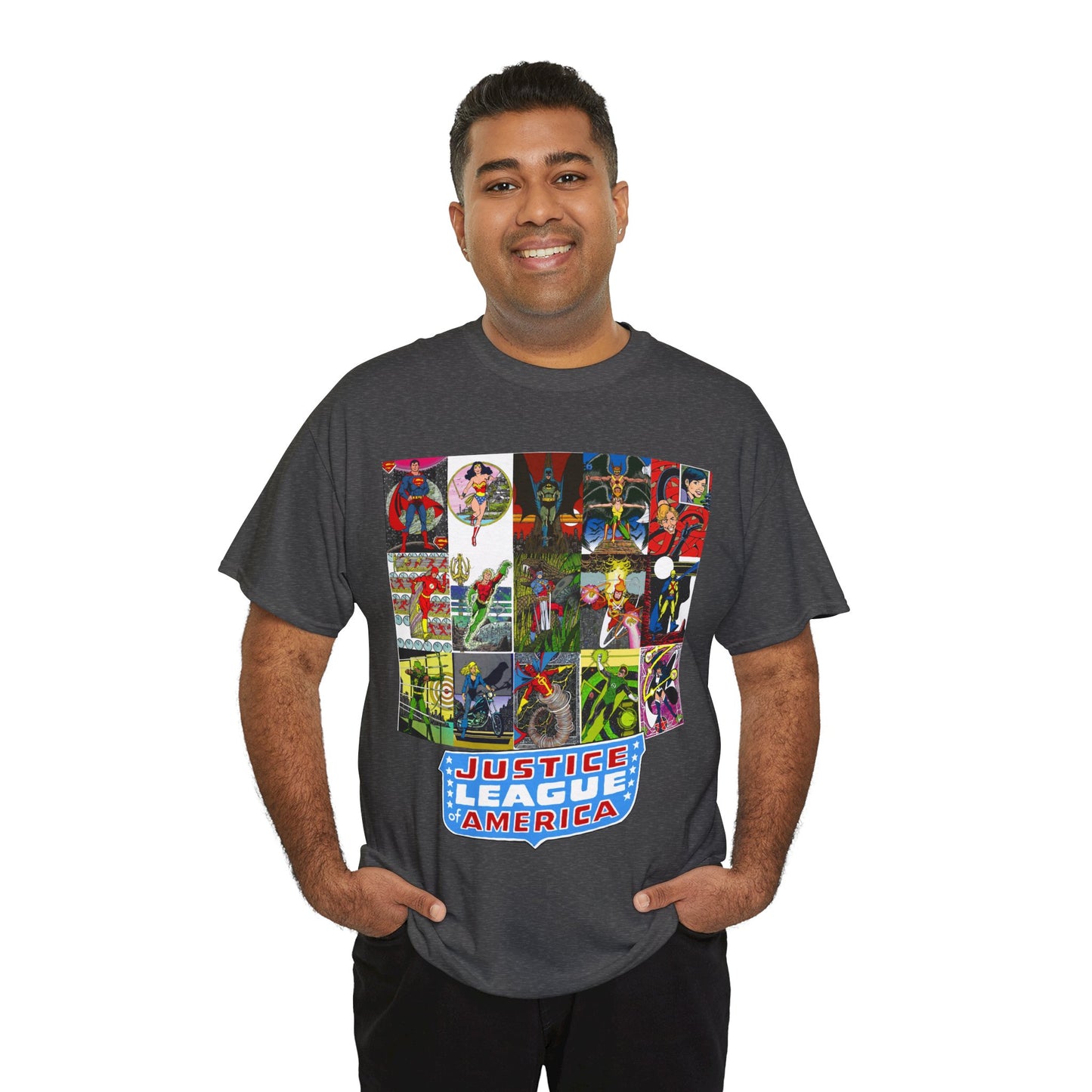 JLA Postcard T-Shirt - George Perez Art - Zatanna, Green Lantern, Flash, Batman, Hawkman, Wonder Woman, Firestorm - Justice League of America - DC Comics