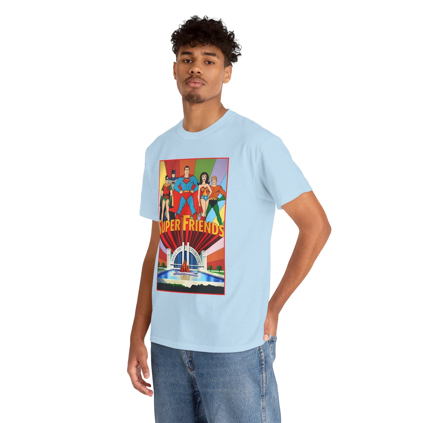 Super Friends T-Shirt - Batman, Superman, Wonder Woman, Robin - Hanna-Barbera Cartoon - DC Comics - Hall of Justice